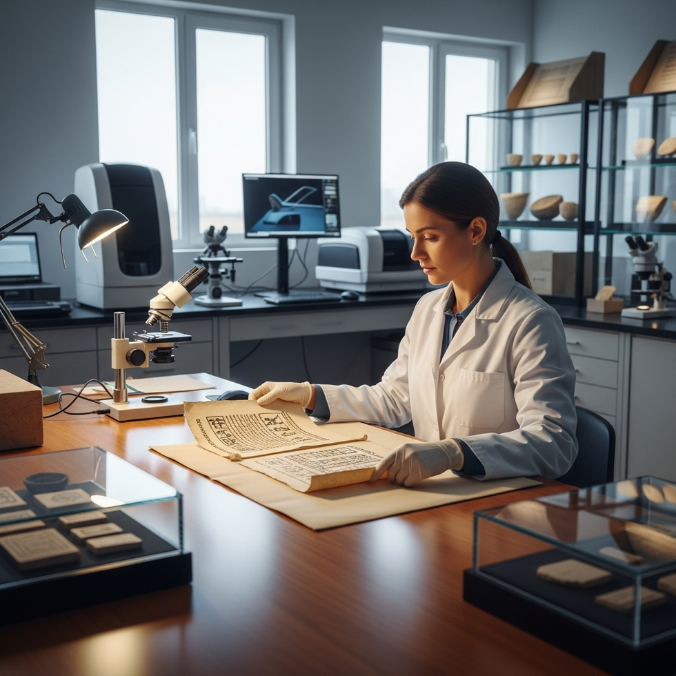 A researcher studying ancient manuscripts and artifacts in a modern archaeological laboratory, symbolizing the reinterpretation of history.