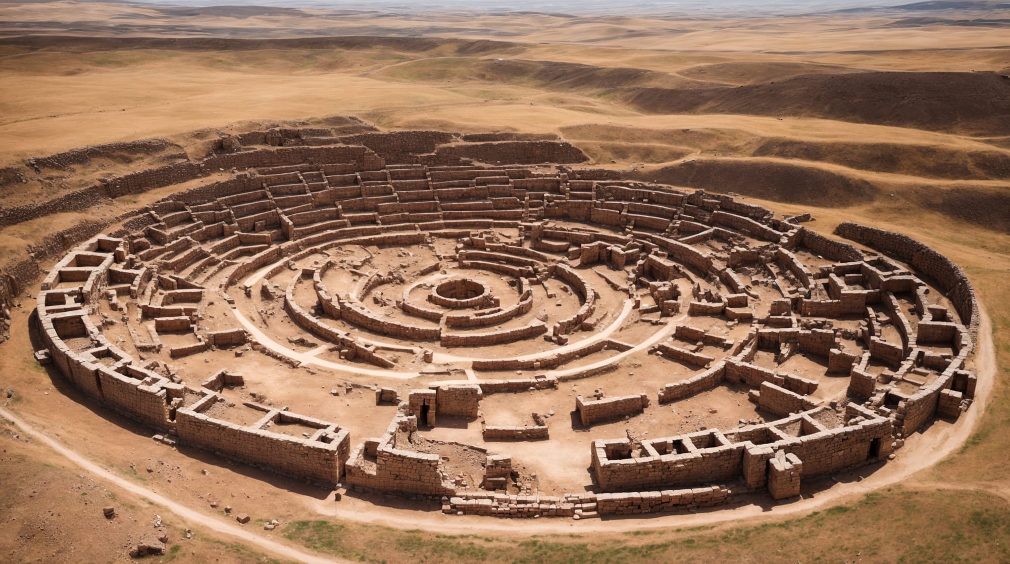 aerial view Göbeklitepe Aerial view of Göbeklitepe showing the arrangement of circles and pillars