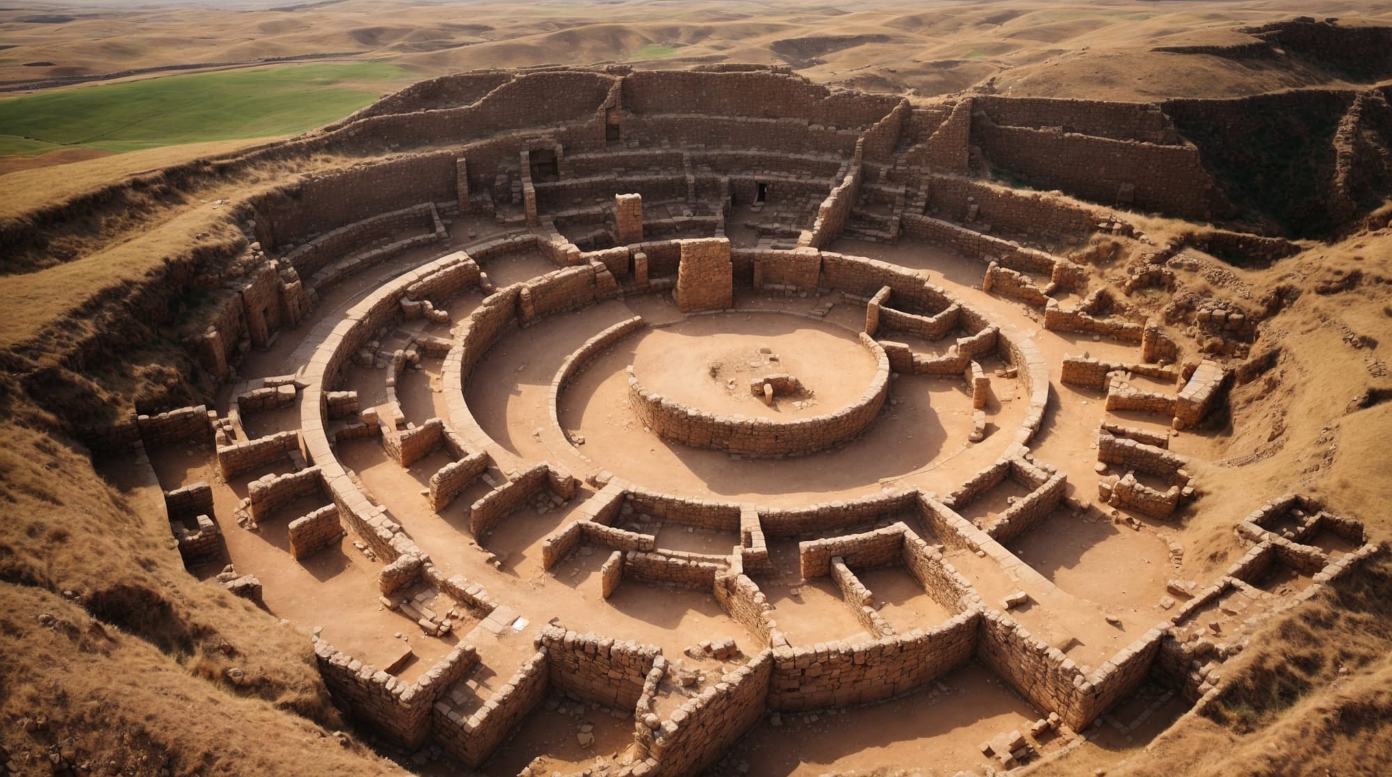 ancient architecture Aerial view of Gobekli Tepe showing circular enclosures