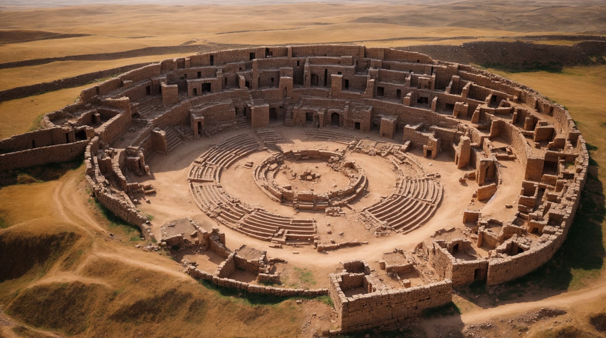 Aerial view of Göbeklitepe showing circular arrangements