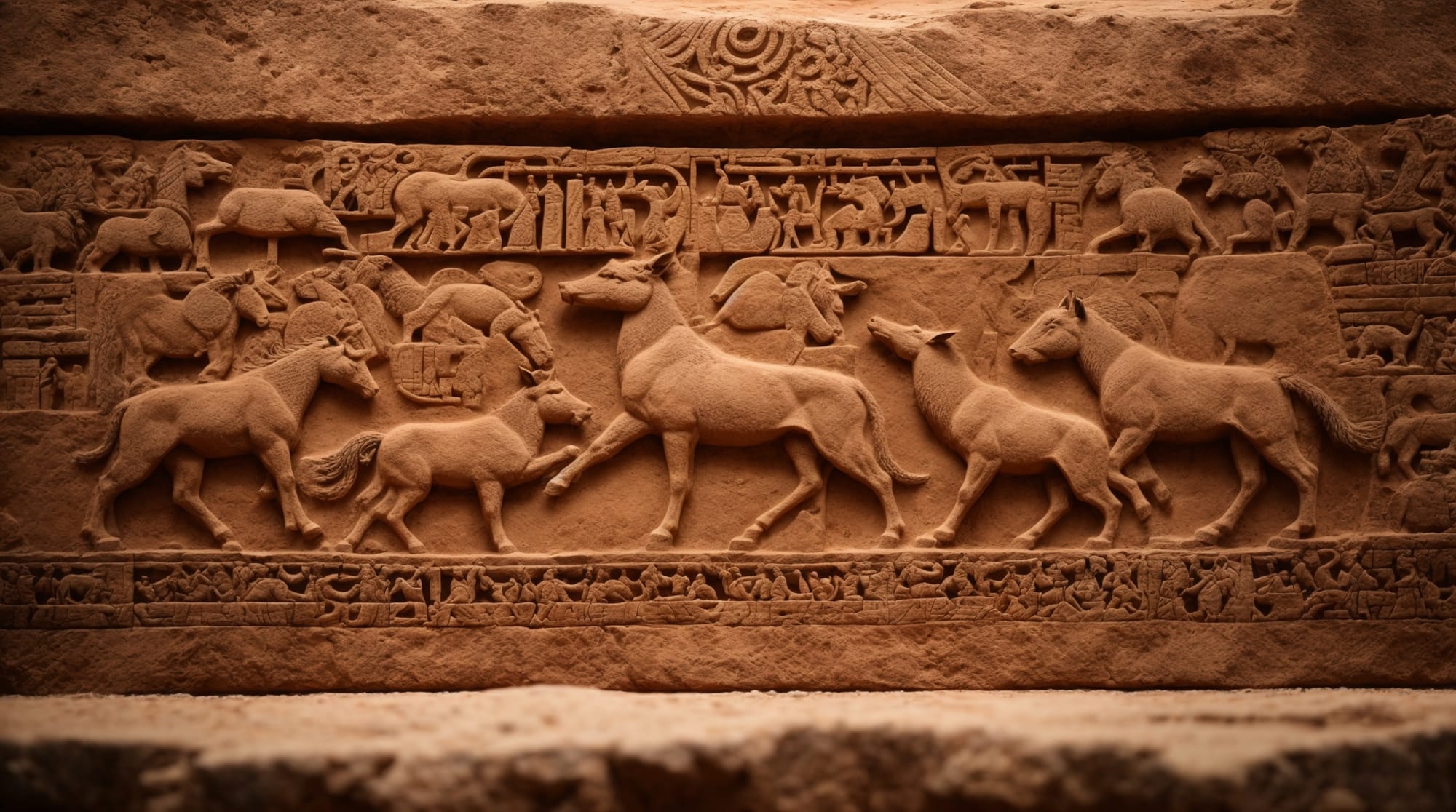 ancient carvings Close-up of Göbeklitepe pillar carvings featuring wild boar and foxes in dynamic poses