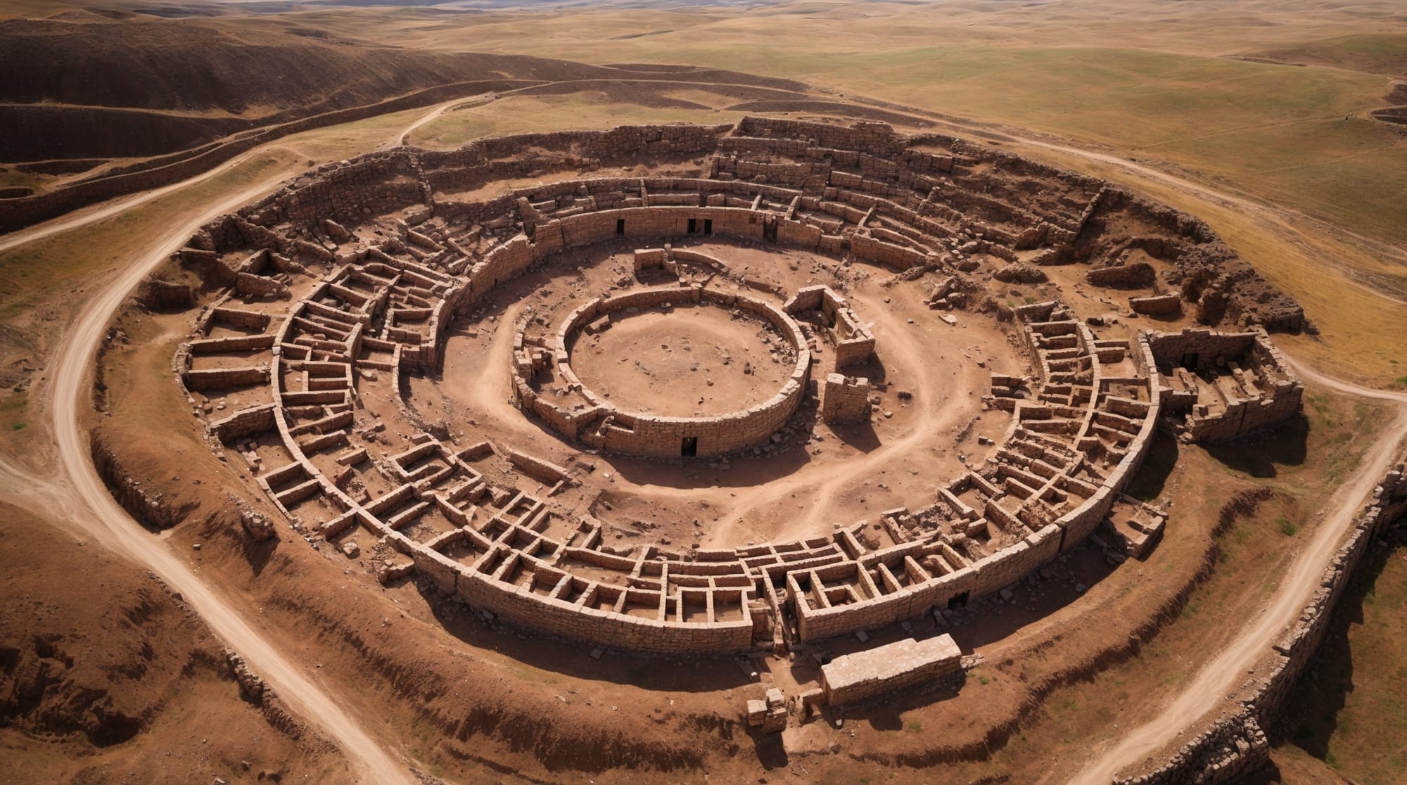 archaeological aerial view of Göbeklitepe showing circular arrangements of pillars