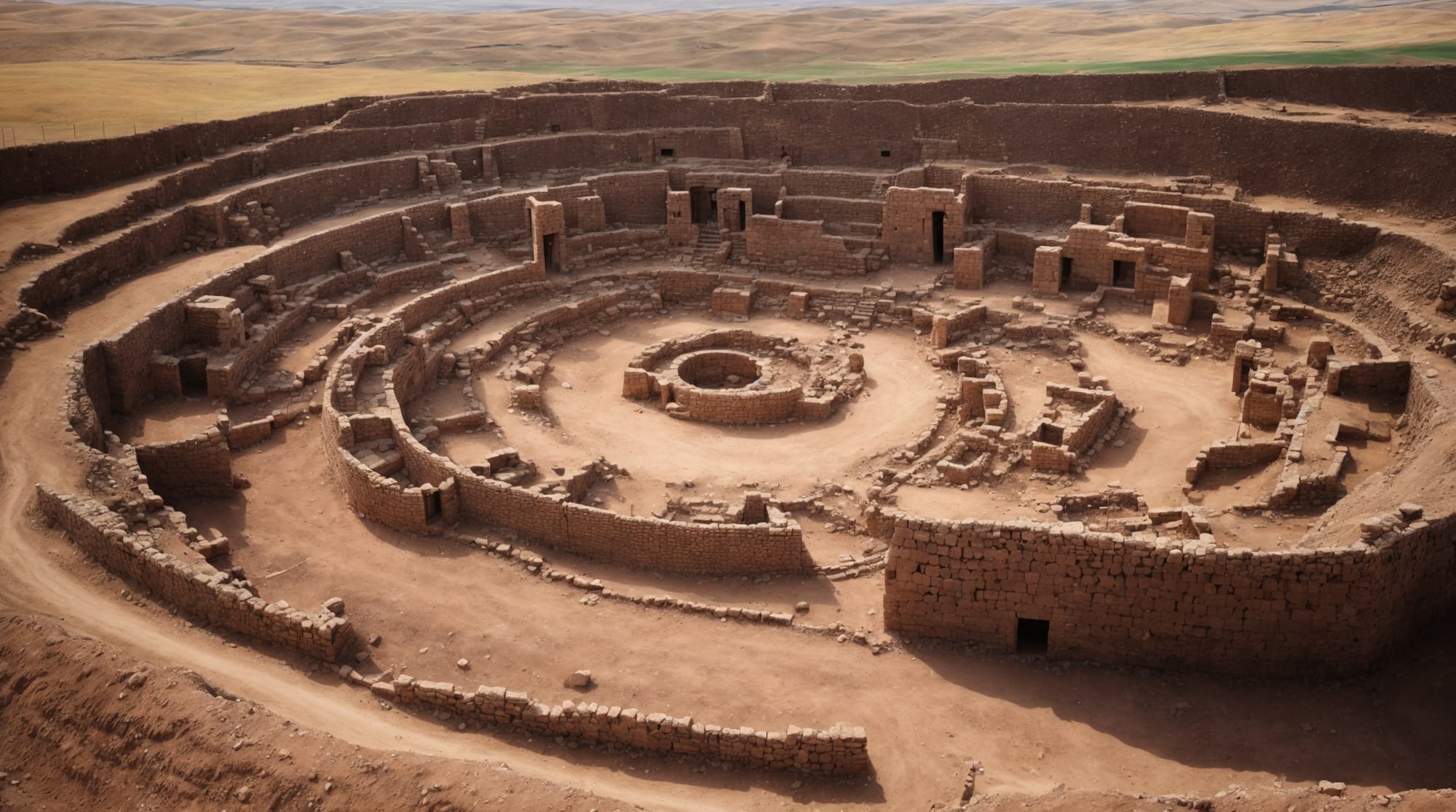archaeological site aerial view of Göbeklitepe showing circular stone arrangements