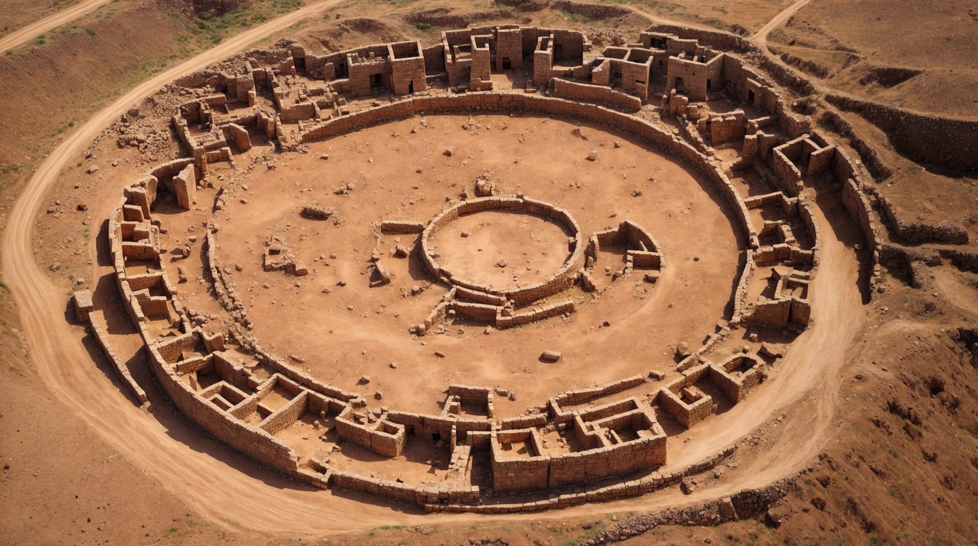 archaeological site layout Aerial view of Gobekli Tepe showing circular arrangements