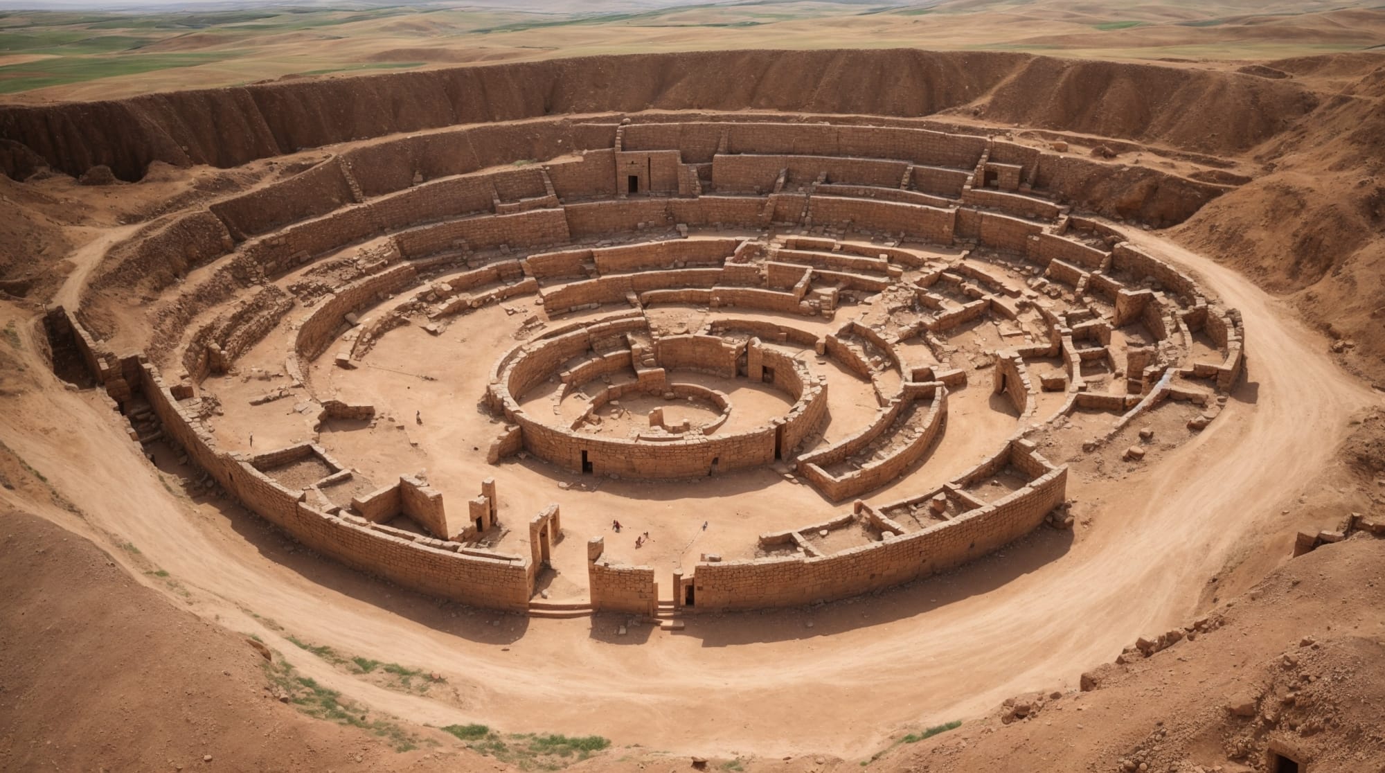Aerial view of Göbeklitepe showing the layout of circular stone structures