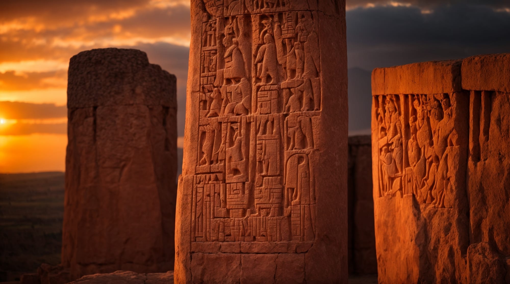 carvings A vivid portrayal of the intricate animal carvings found on the Göbeklitepe pillars against a sunset.