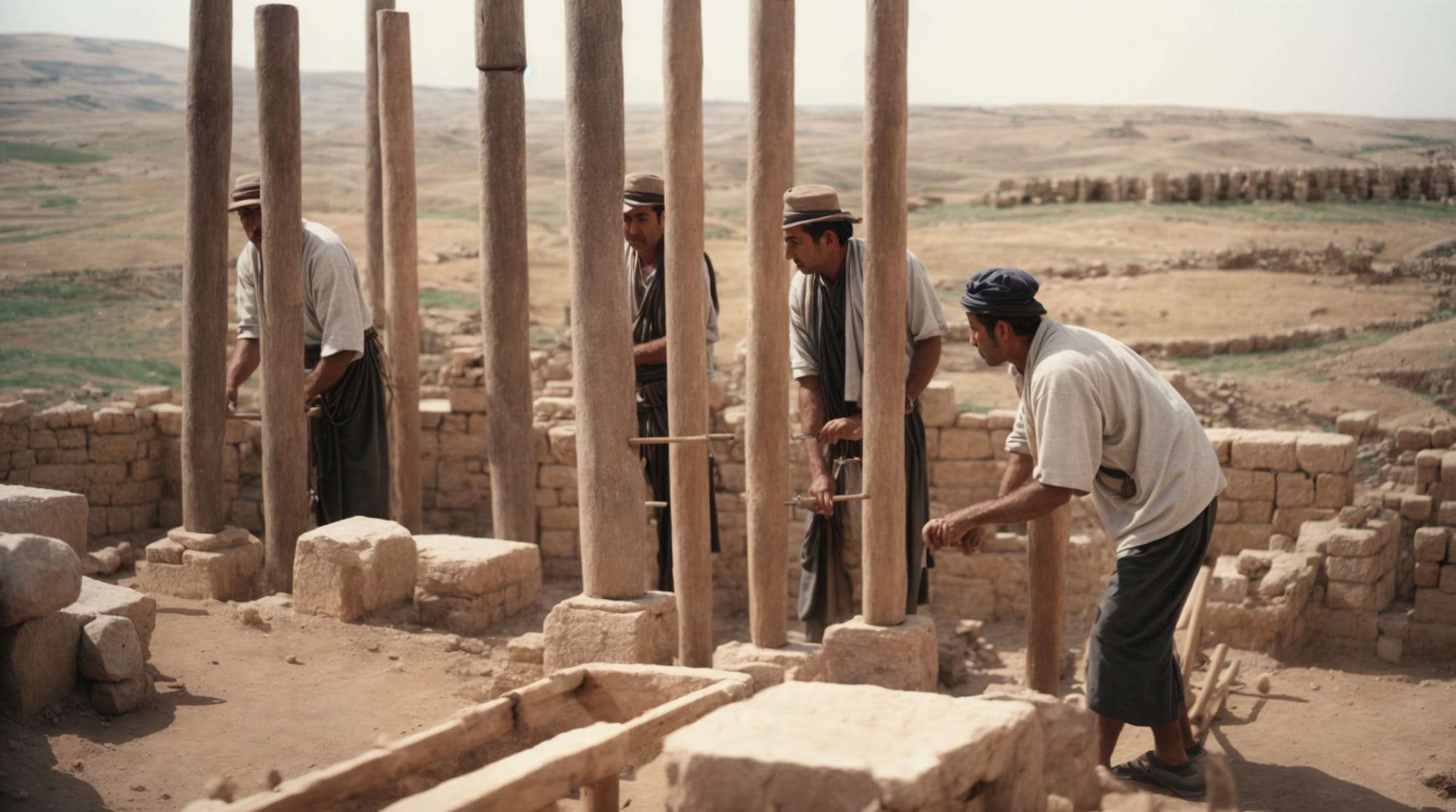 Reconstruction image showing ancient builders using wooden levers to erect pillars at Göbeklitepe.