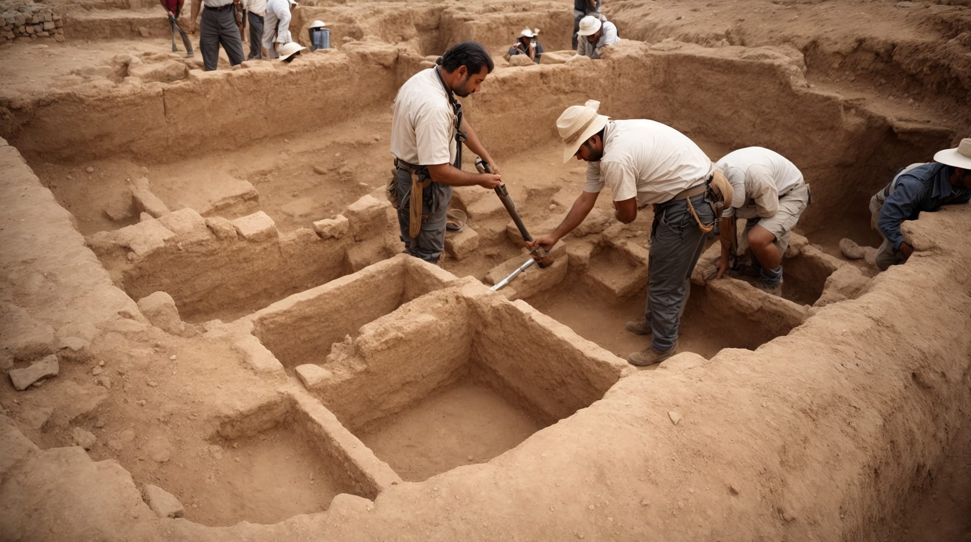 excavation techniques An image of archeologists carefully excavating the pillared areas of Göbeklitepe, showcasing the delicate techniques used