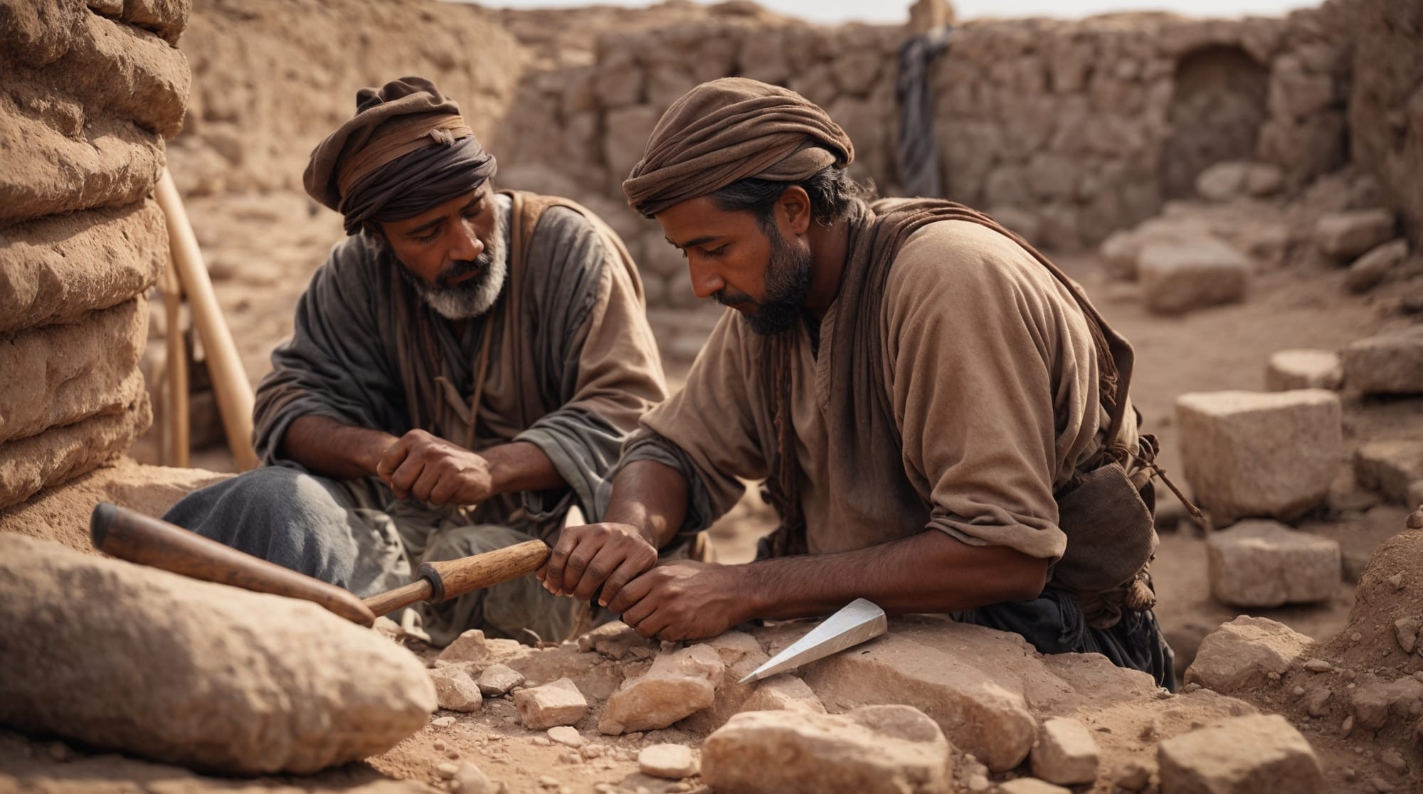 Illustration of Neolithic workers using flint tools to carve stone at Göbeklitepe.