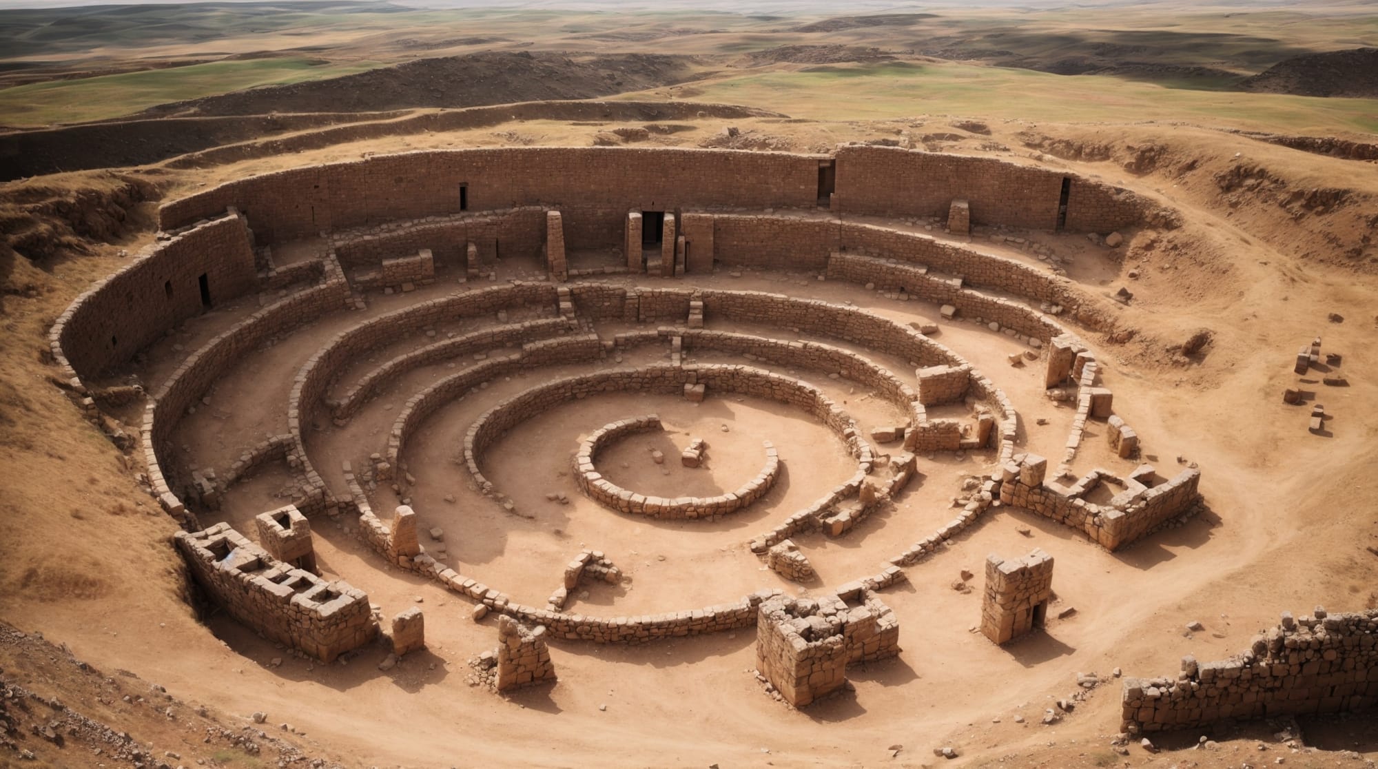 Gobekli Tepe an aerial view of Gobekli Tepe showing stone circles and carved pillars