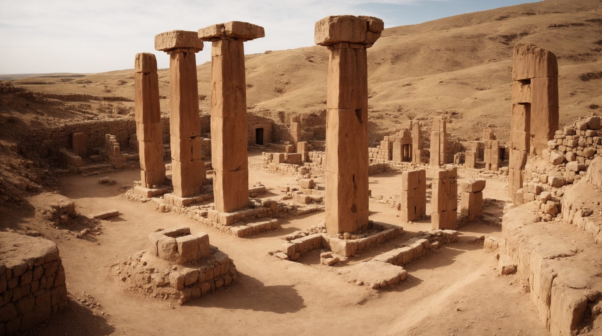 Gobekli Tepe Carved T-shaped pillars of Gobekli Tepe surrounded by excavation tools