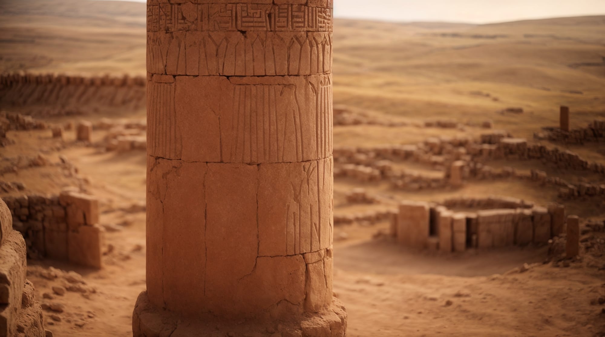 Illustrative depiction of a T-shaped pillar at Gobekli Tepe with carved reliefs of animals.