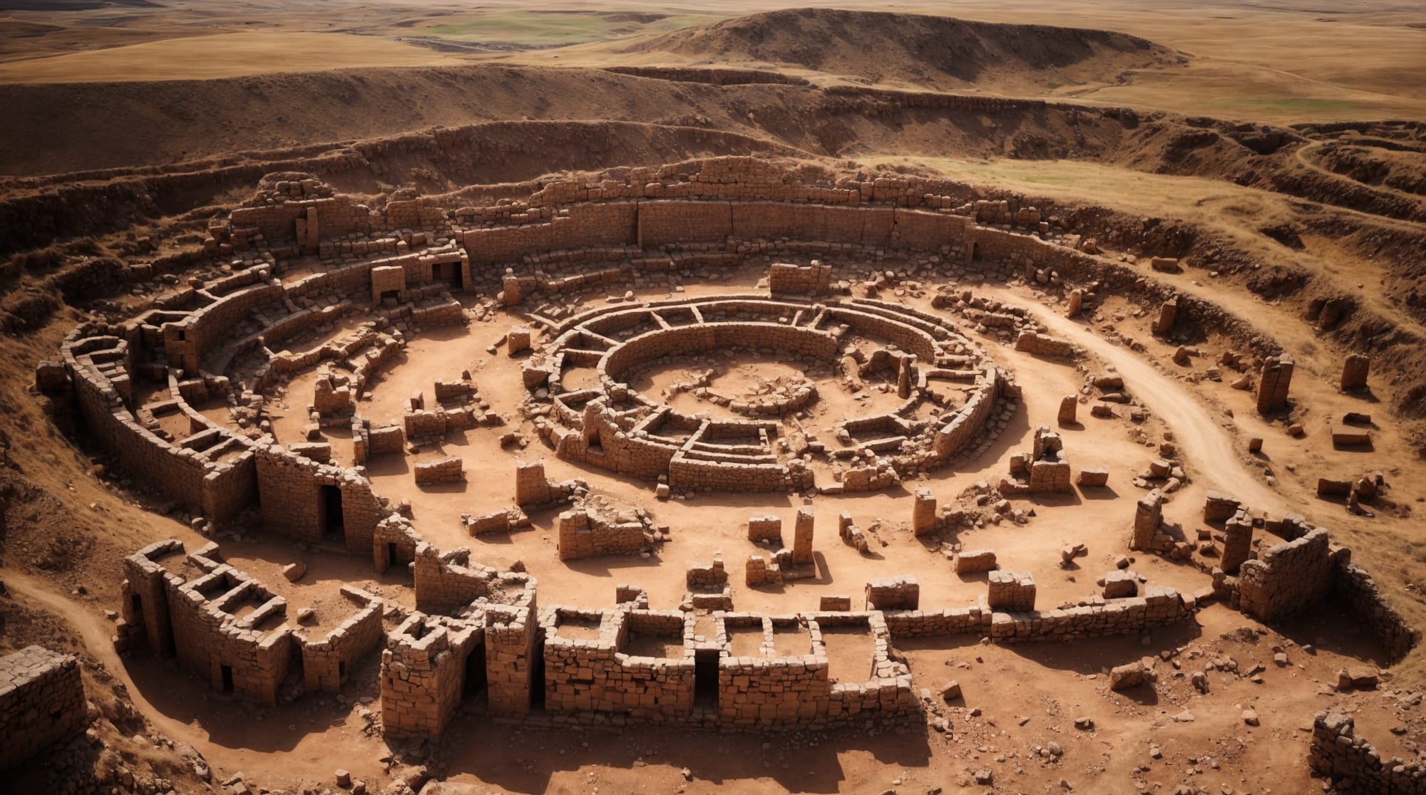 Gobekli Tepe Aerial view of Gobekli Tepe showing circular arrangements of pillars and carvings