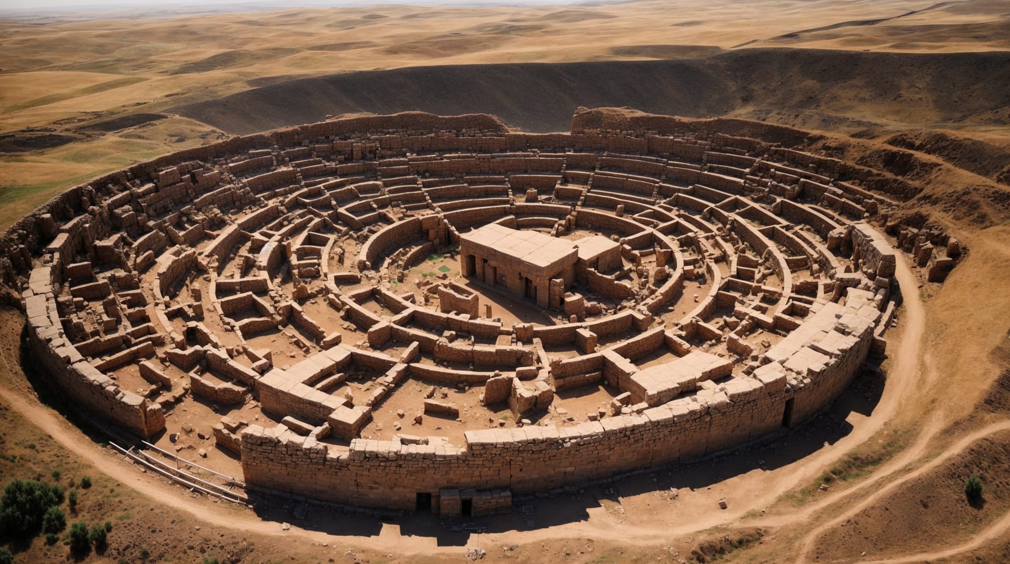 Gobekli Tepe Aerial view of Gobekli Tepe, showing circular arrangements of massive stone pillars.