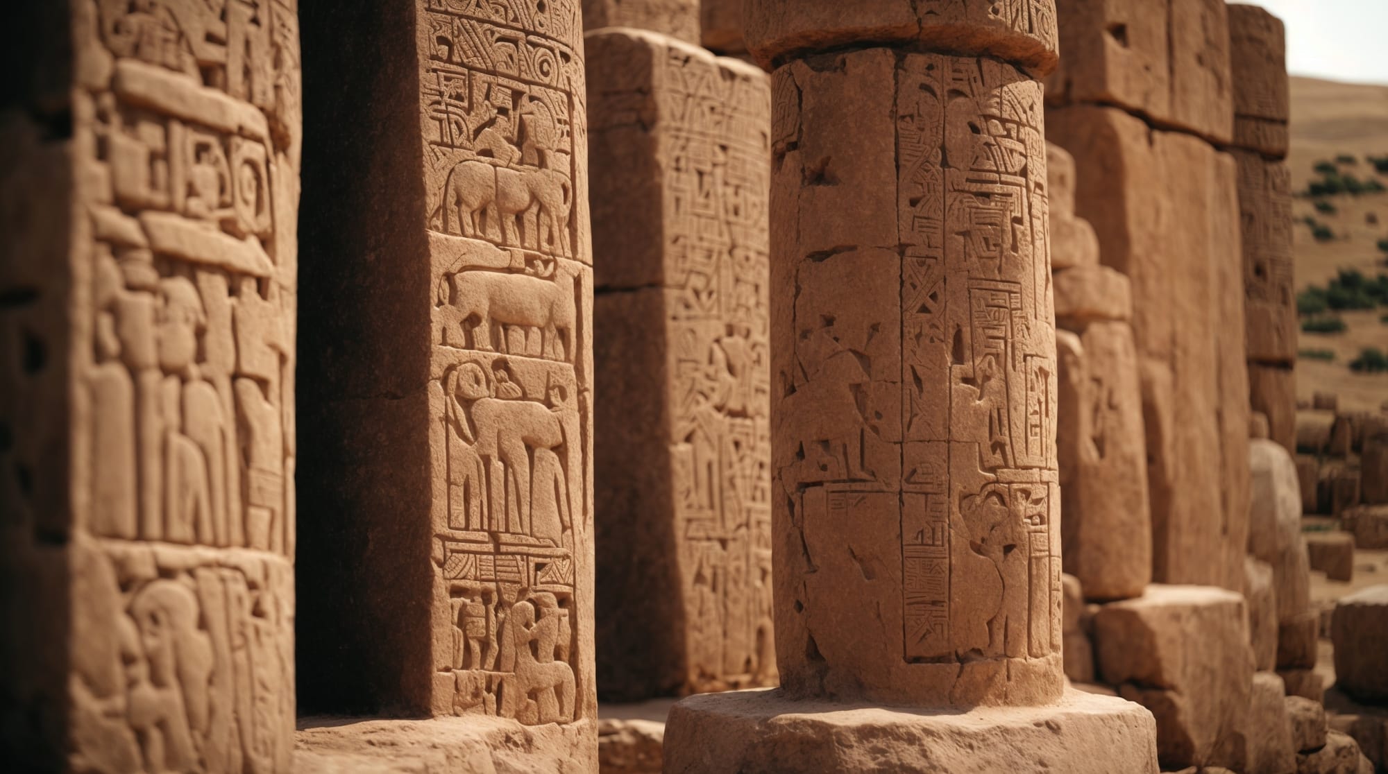 Gobekli Tepe carvings Close-up images of the intricate carvings on Gobekli Tepe's pillars, highlighting animal figures and abstract symbols.
