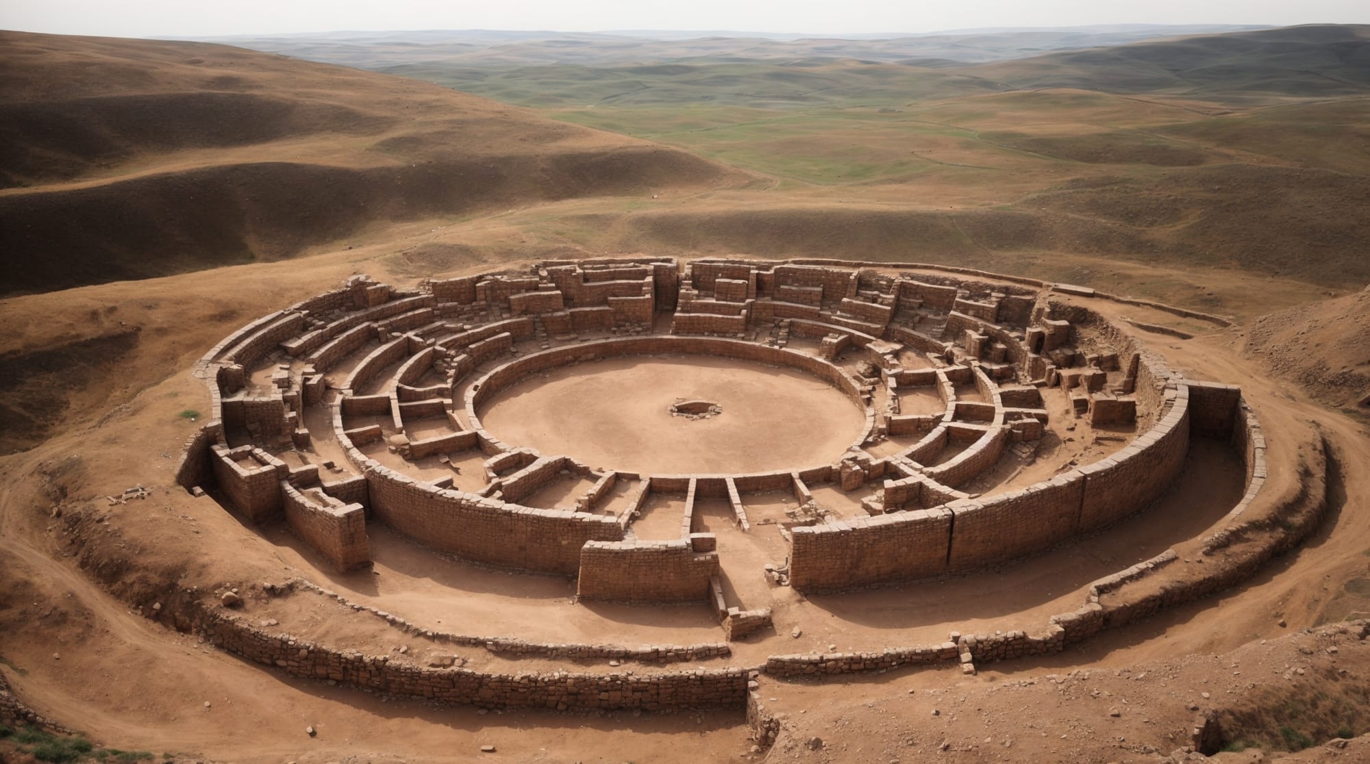 aerial view of Göbekli Tepe showing the circular arrangements and carved pillars