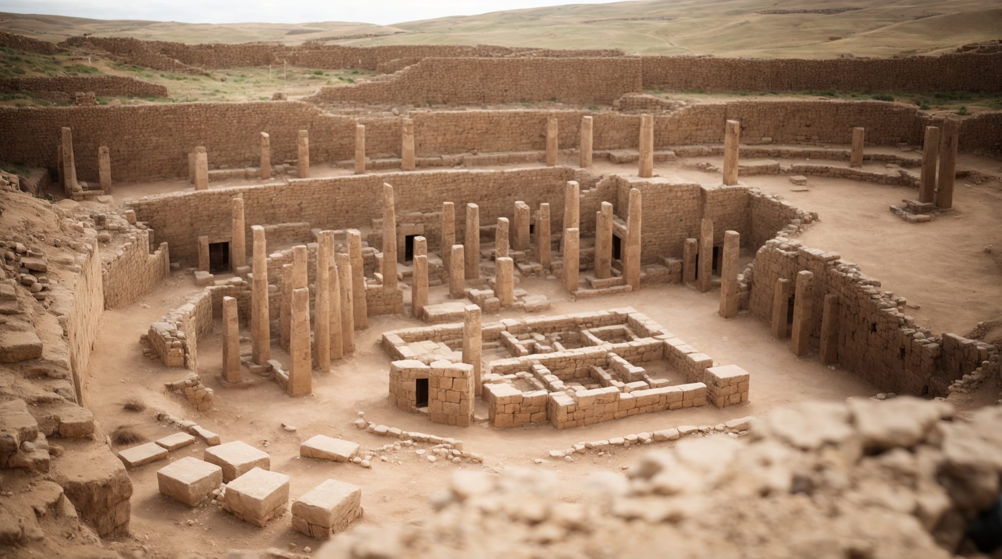 Overview of carved pillars at Göbekli Tepe surrounded by excavation tools