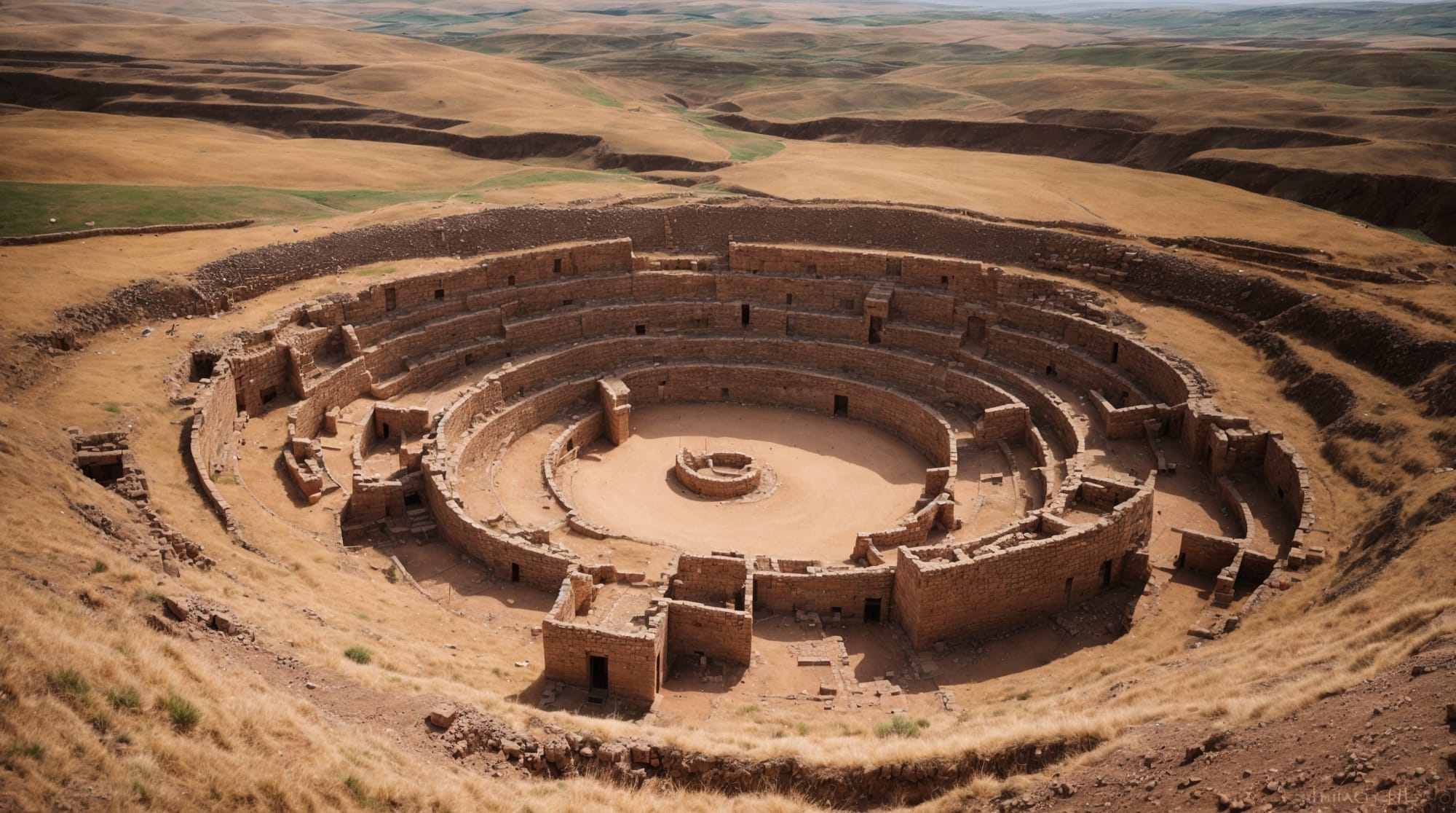 aerial view of the circular structures of Göbeklitepe