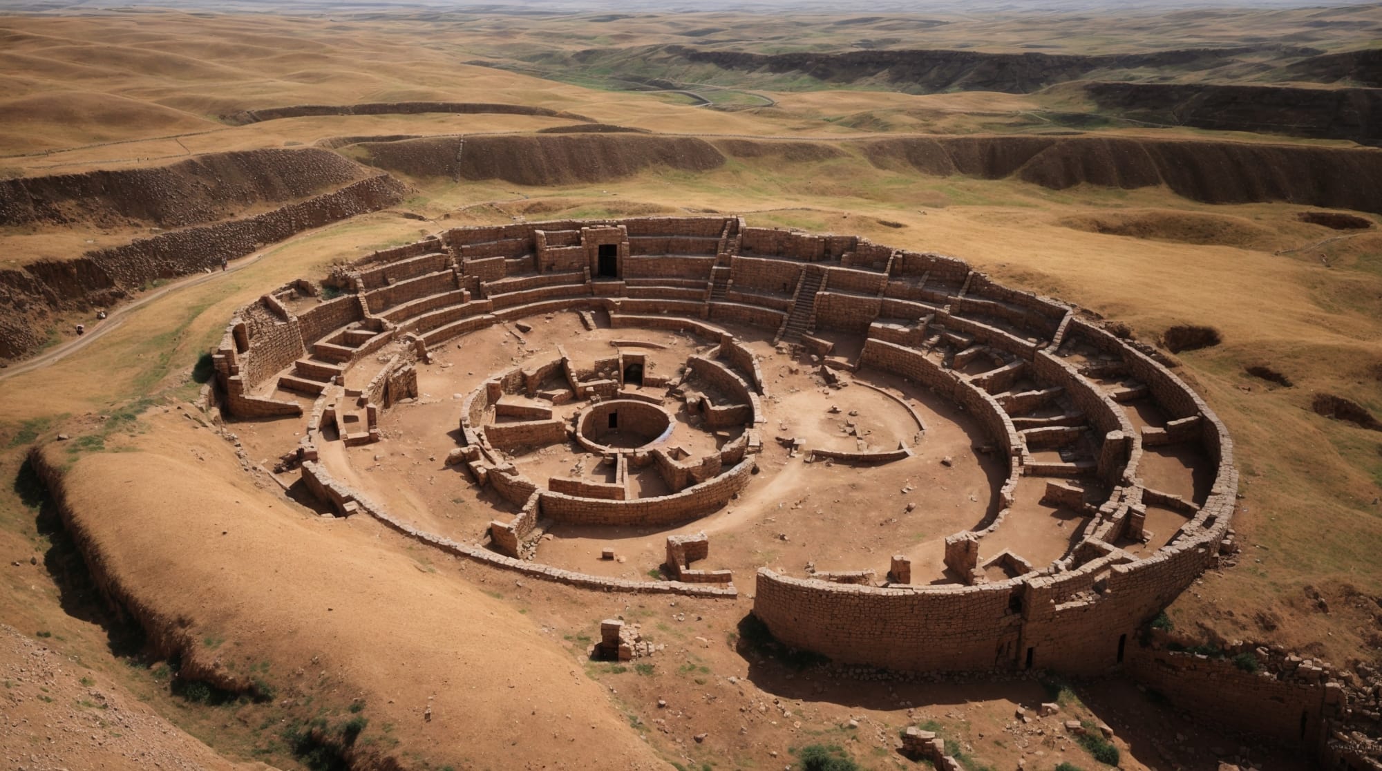 Aerial view of Göbeklitepe showing circular structures and carved pillars