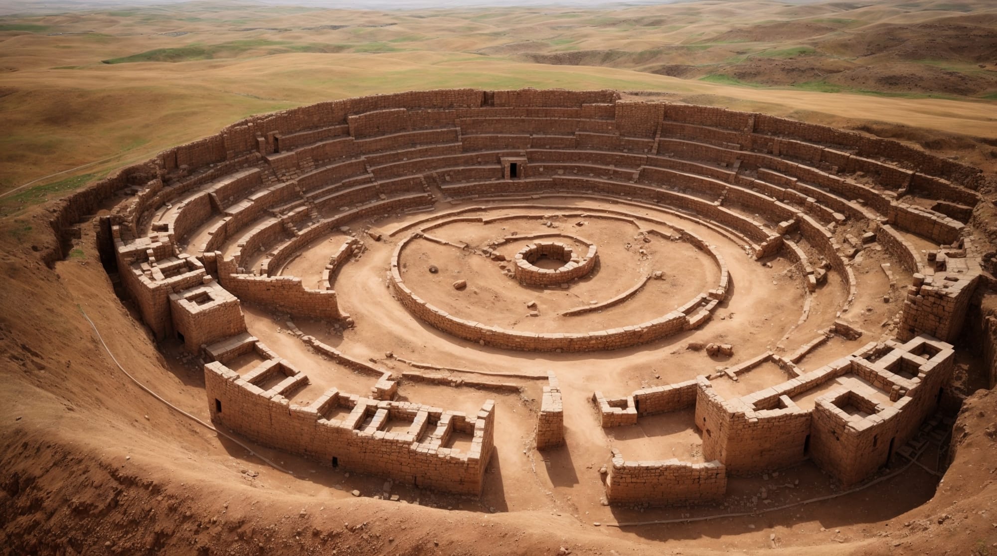 Göbeklitepe aerial view of Göbeklitepe showing circular structures and carved pillars