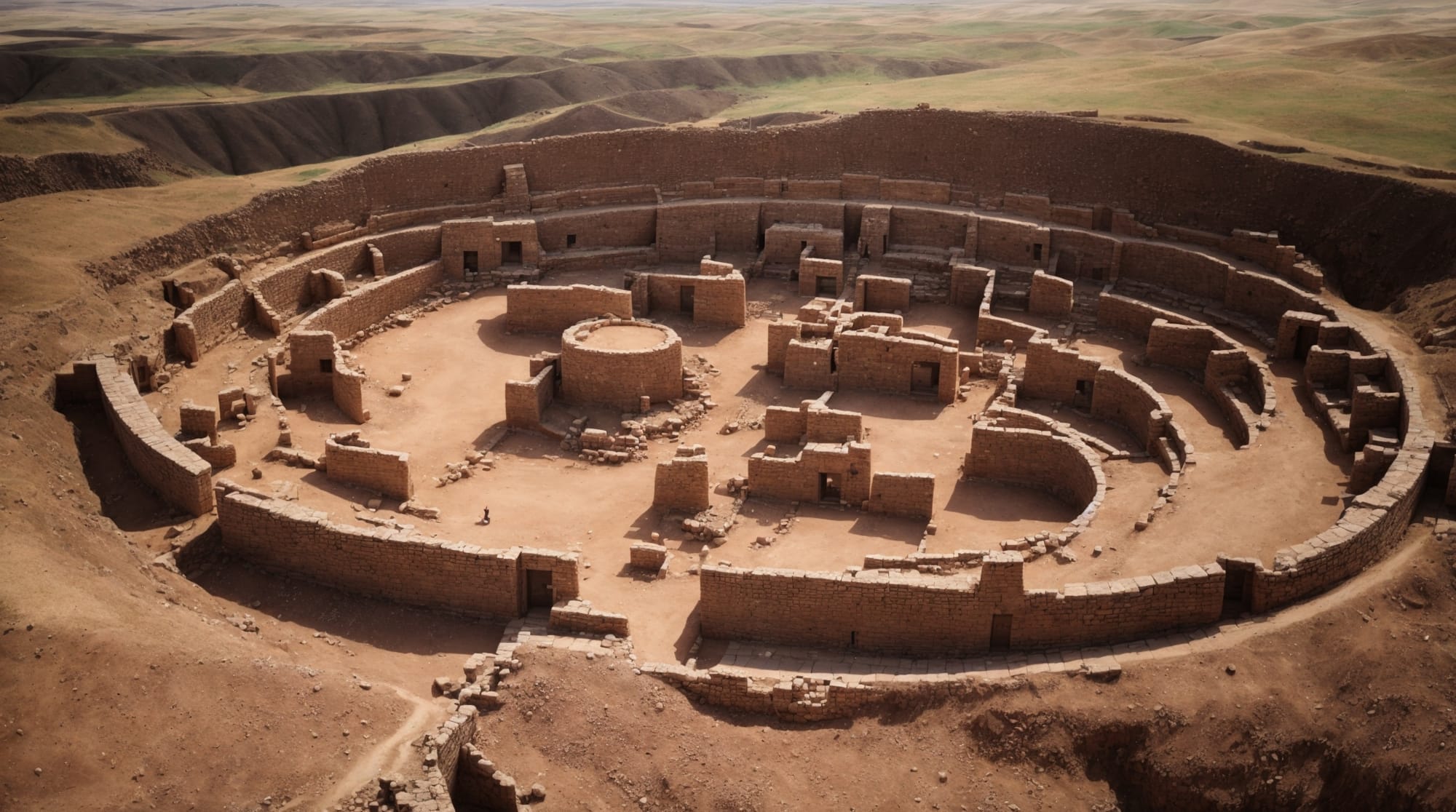 aerial view of Göbeklitepe showing circular enclosures and T-shaped pillars