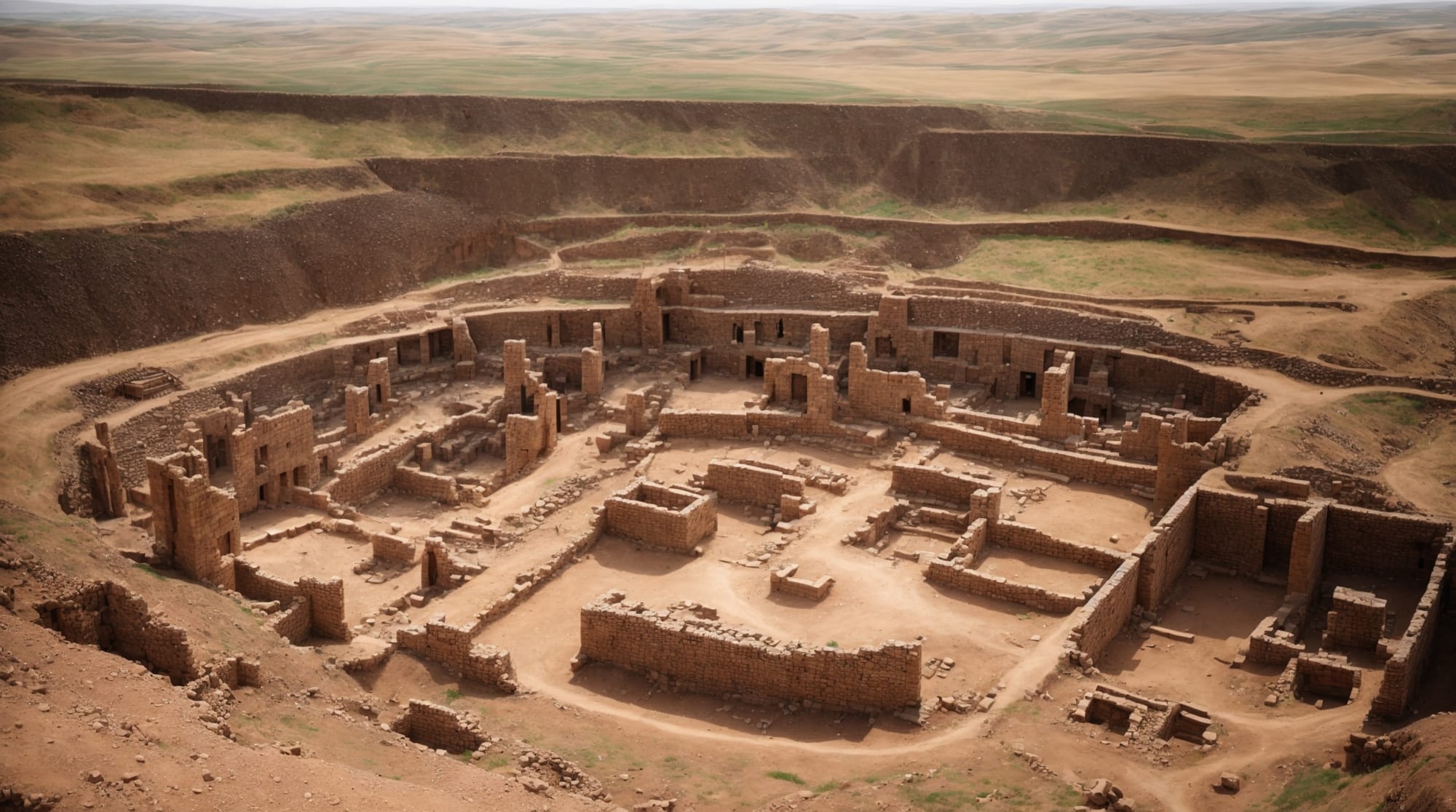Aerial view of Göbeklitepe showing stone pillars and excavation areas