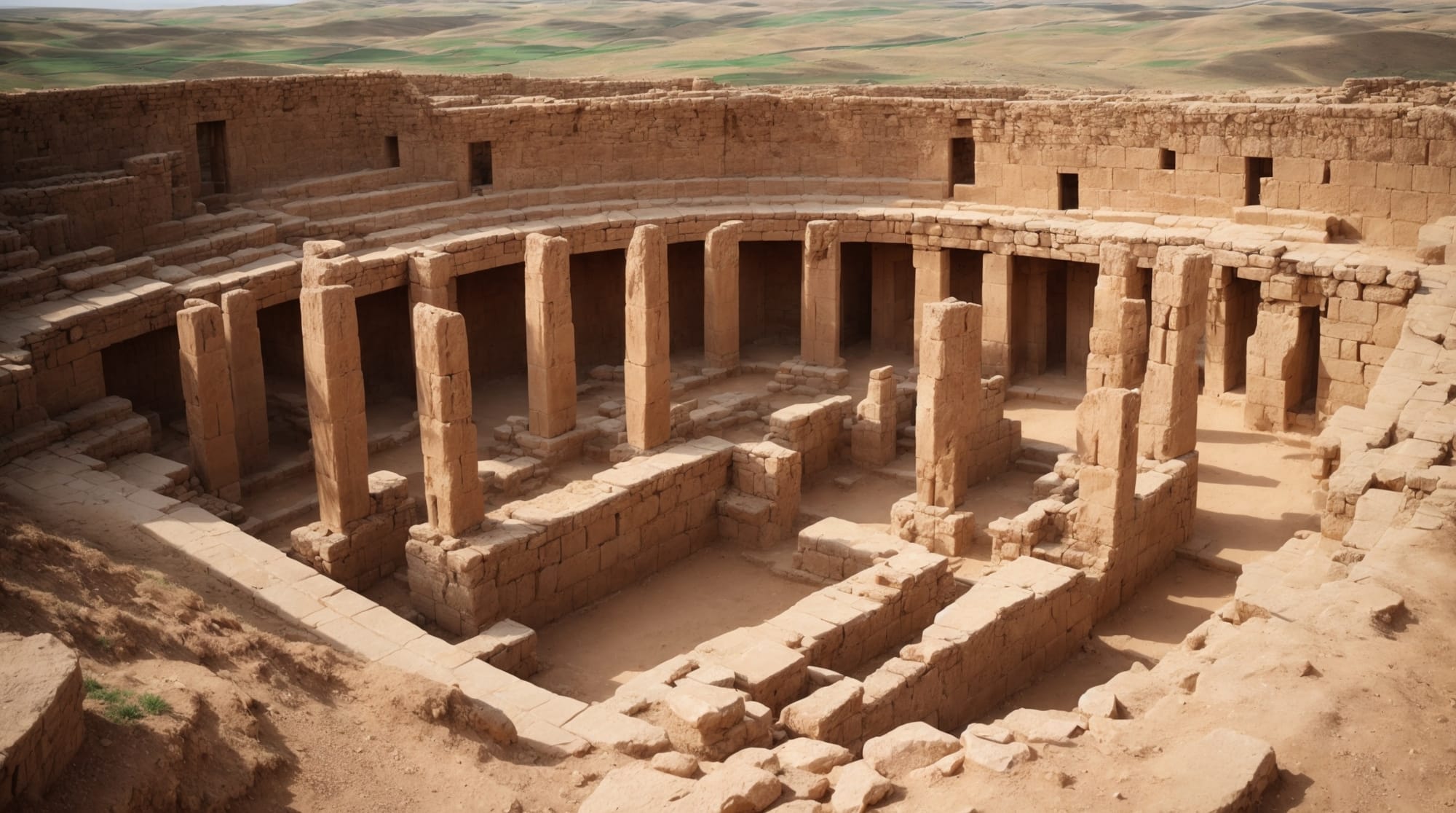 Göbeklitepe A panoramic view of Göbeklitepe showing T-shaped pillars and carvings
