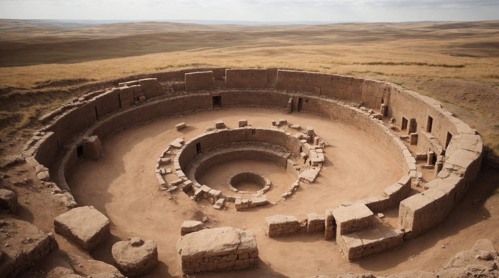Göbeklitepe A wide shot of the circle of Göbeklitepe showing pillars and carvings