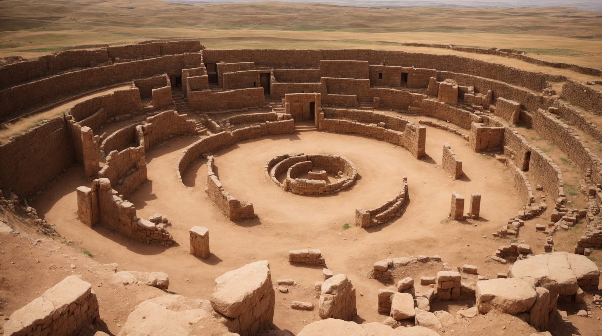 A panoramic view of Göbeklitepe's stone circles and carvings