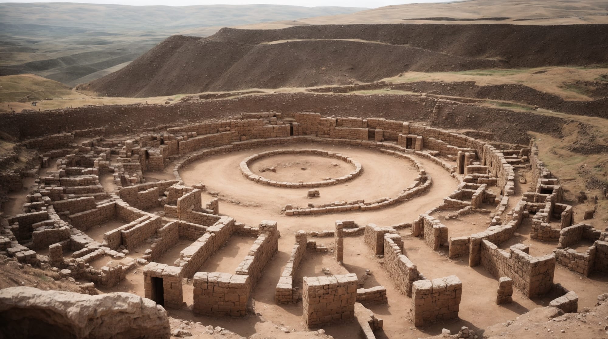 Photograph of the circular arrangements of massive T-shaped stone pillars at Göbeklitepe