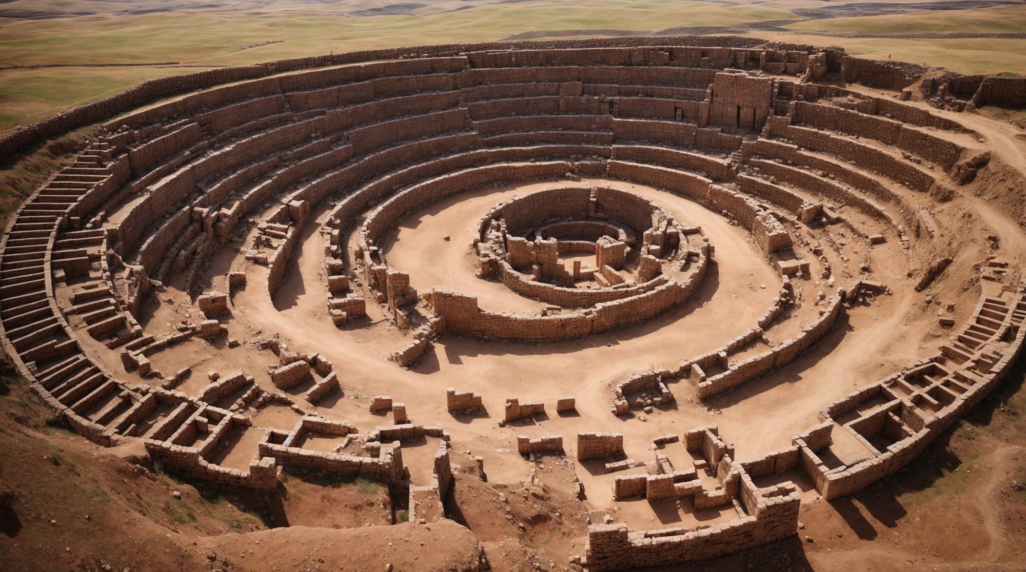An aerial view showing the circular arrangements of stone pillars at Göbeklitepe