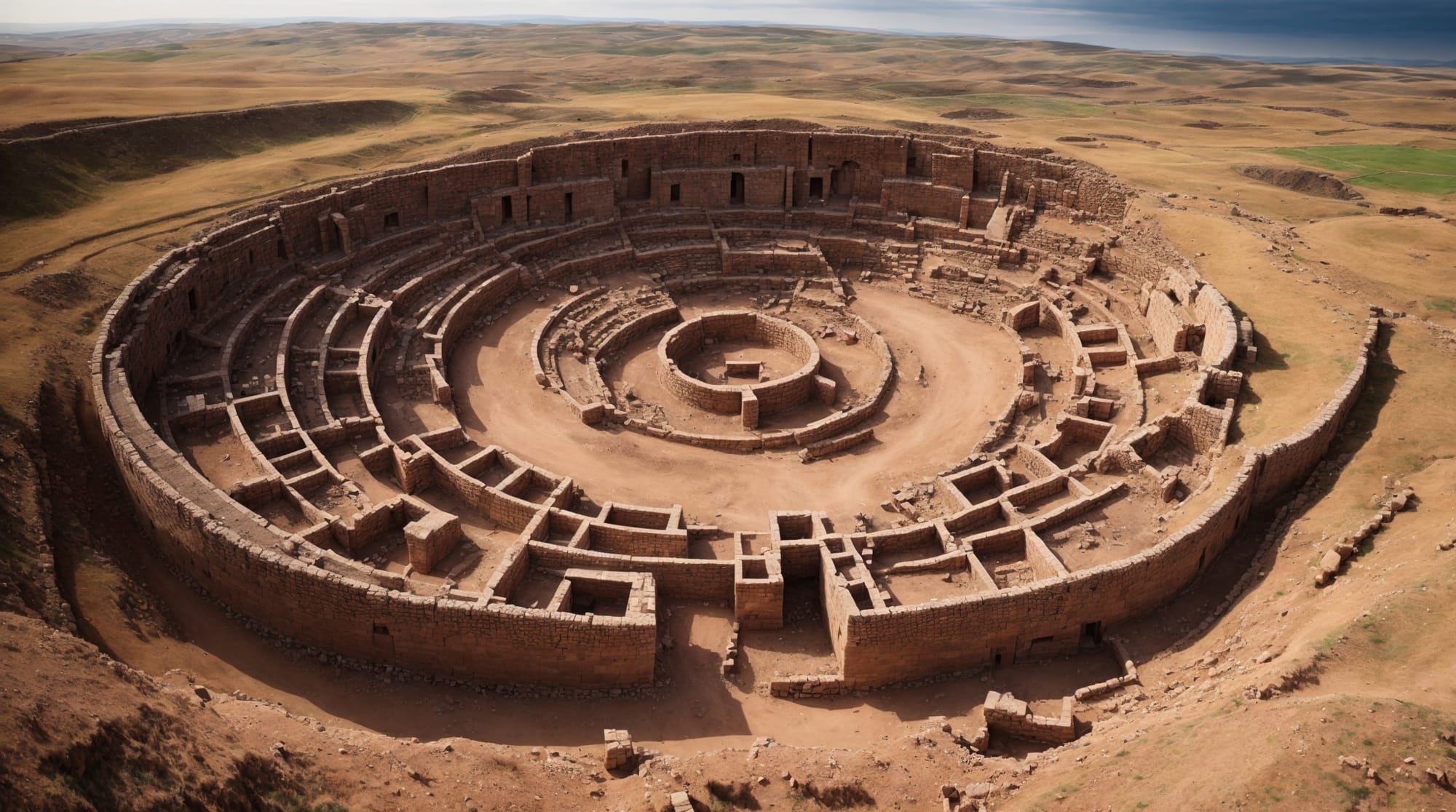 Göbeklitepe aerial view of Göbeklitepe showing circular arrangements of massive carved stones