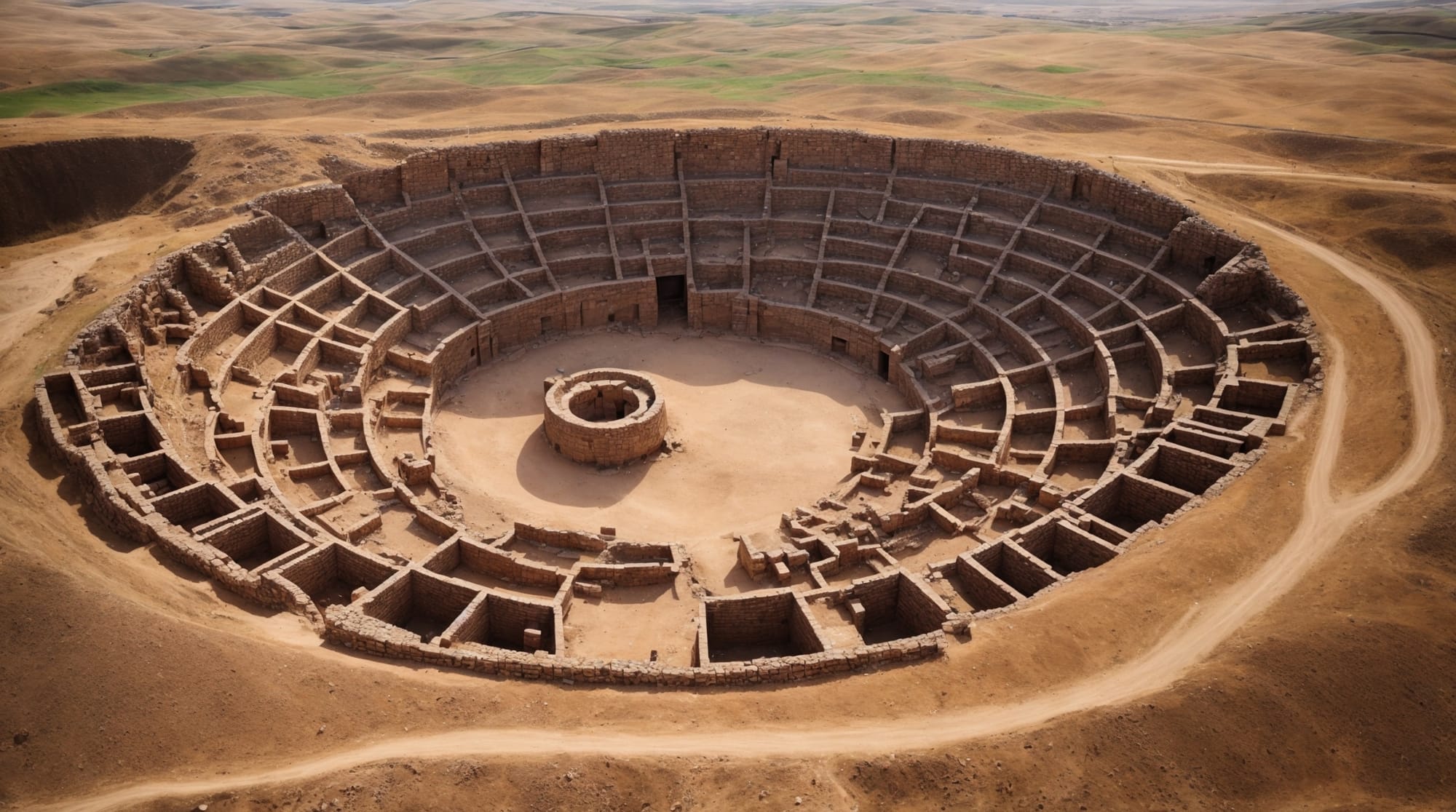 An aerial view of Göbeklitepe showing its circular enclosures and T-shaped pillars.