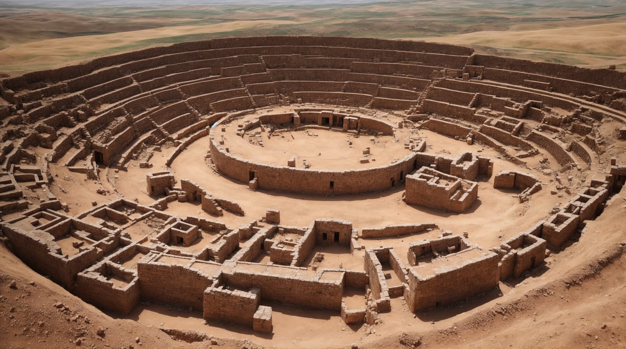 An aerial view of Göbeklitepe showing the arrangement of circular and rectangular stone structures