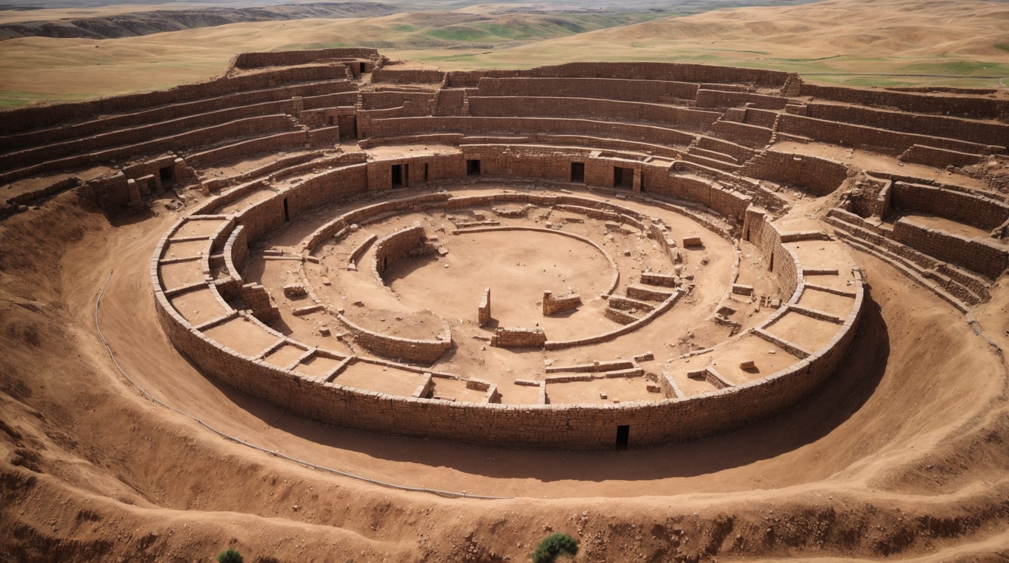 Göbeklitepe Aerial view of Göbeklitepe showing circular enclosures and carved pillars.