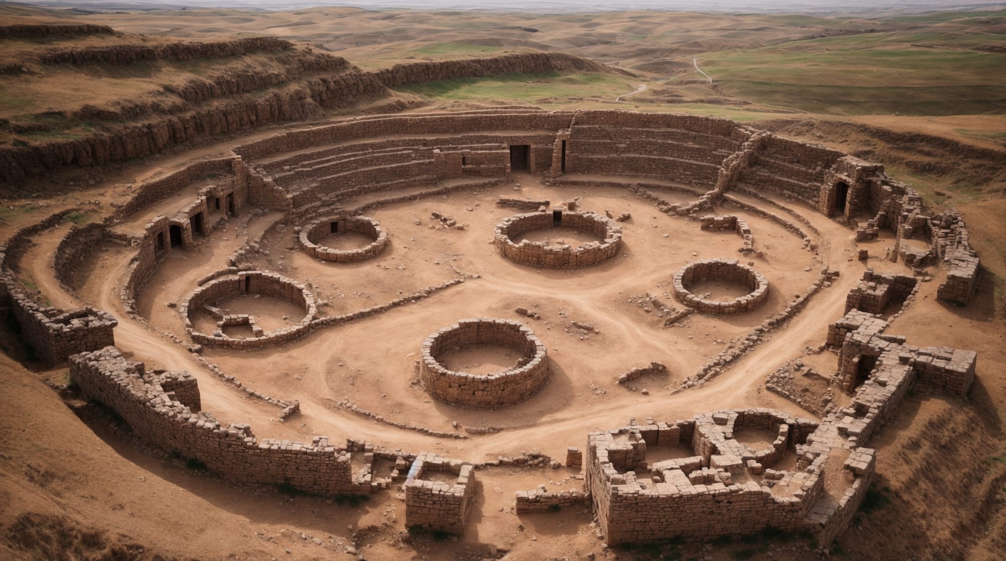 Göbeklitepe aerial view of Göbeklitepe showing stone circles and pillars