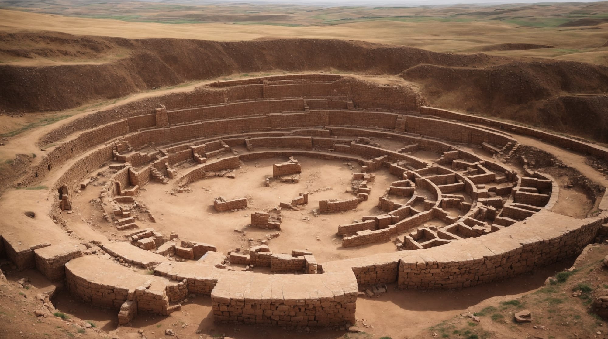 Göbeklitepe aerial view of Göbeklitepe showing large carved stones and circular structures