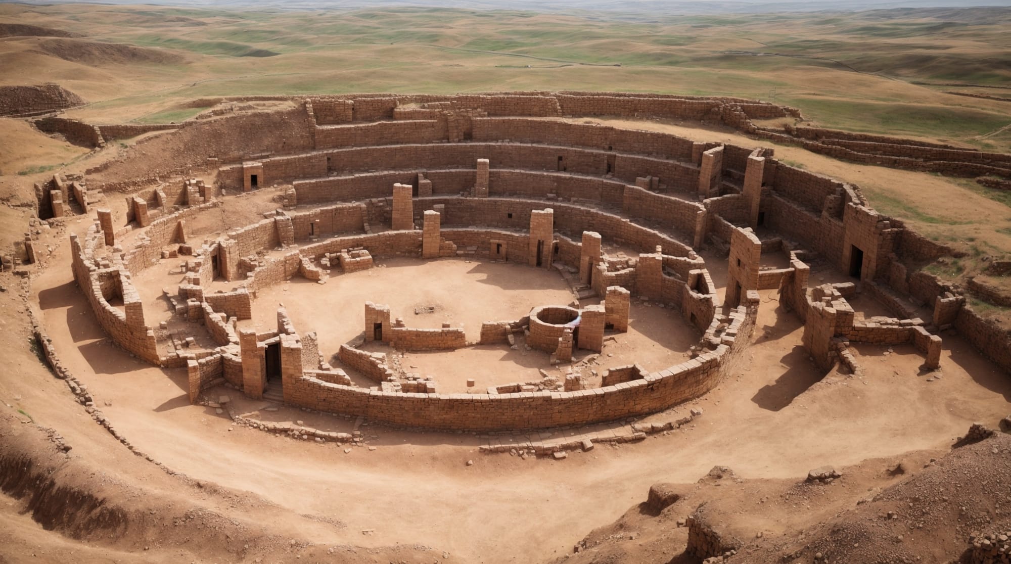 Göbeklitepe aerial view aerial view of Göbeklitepe showing circular structures and carved pillars