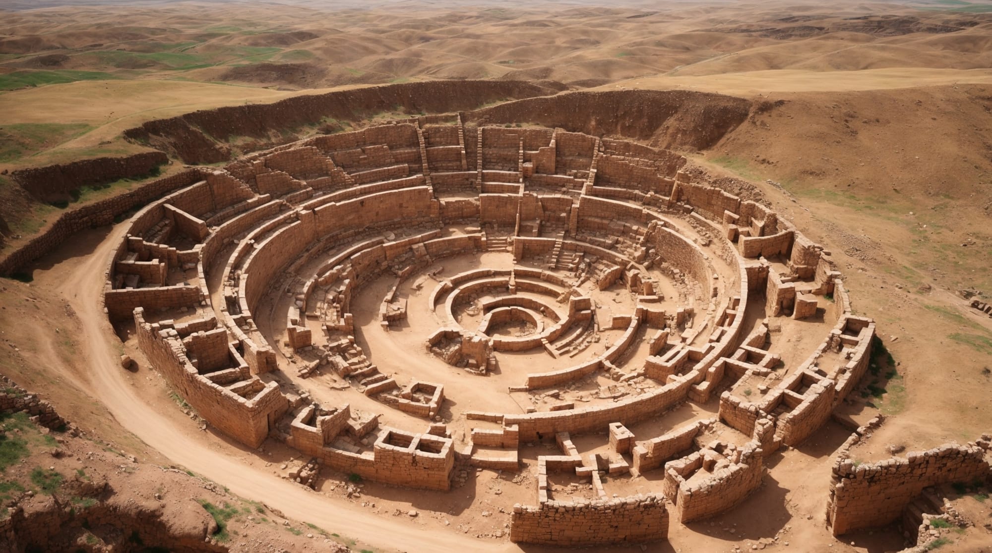 Aerial view of Göbeklitepe showing its circular arrangements of pillars and carvings