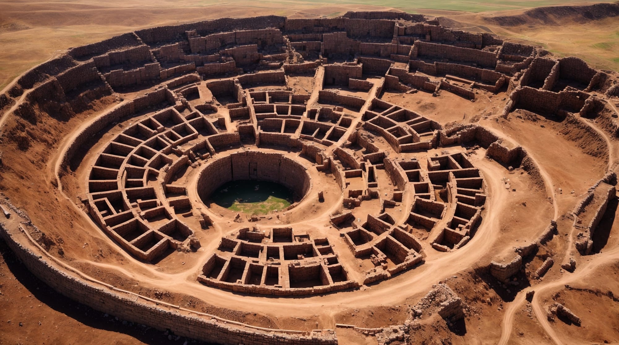 Göbeklitepe aerial view Aerial view of Göbeklitepe showing circular arrangements of massive T-shaped pillars