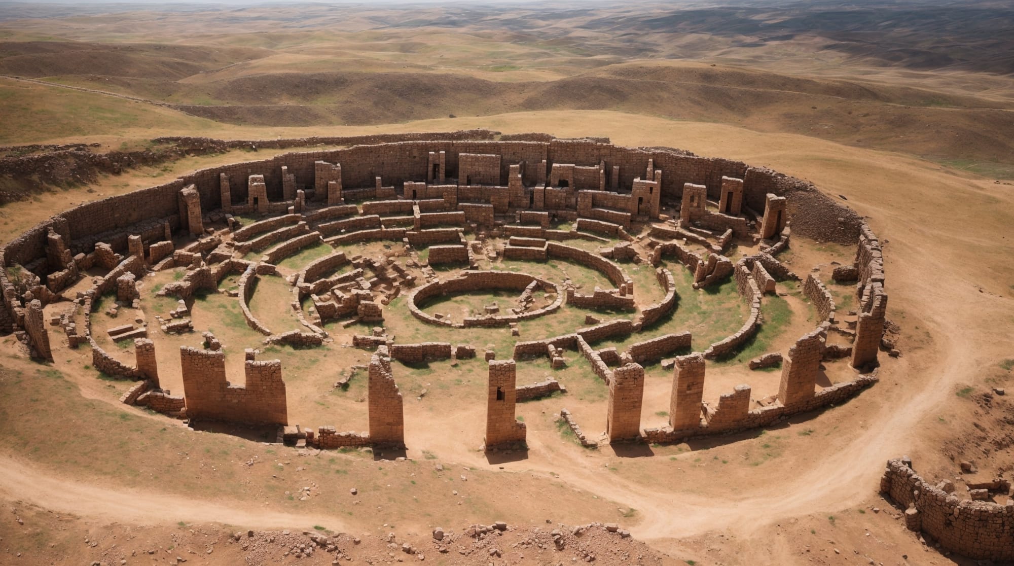 Göbeklitepe aerial view Aerial view of Göbeklitepe showing circular arrangements of the T-shaped pillars