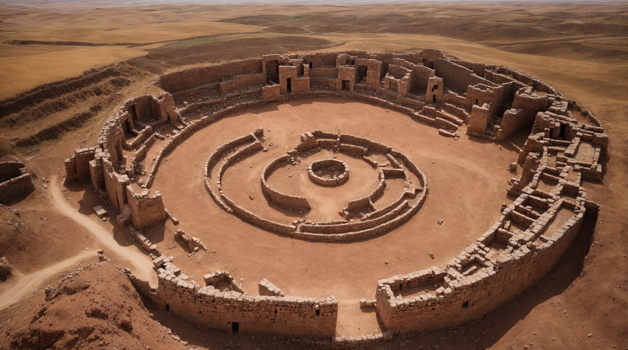 Göbeklitepe Aerial View Aerial view of Göbeklitepe, showing circular arrangements of megalithic pillars