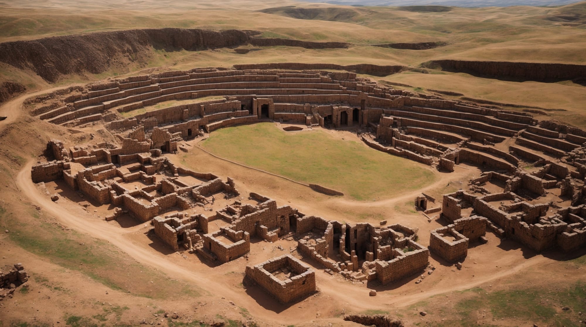 Göbeklitepe aerial view Aerial view of the ringed structures and T-shaped pillars at Göbeklitepe