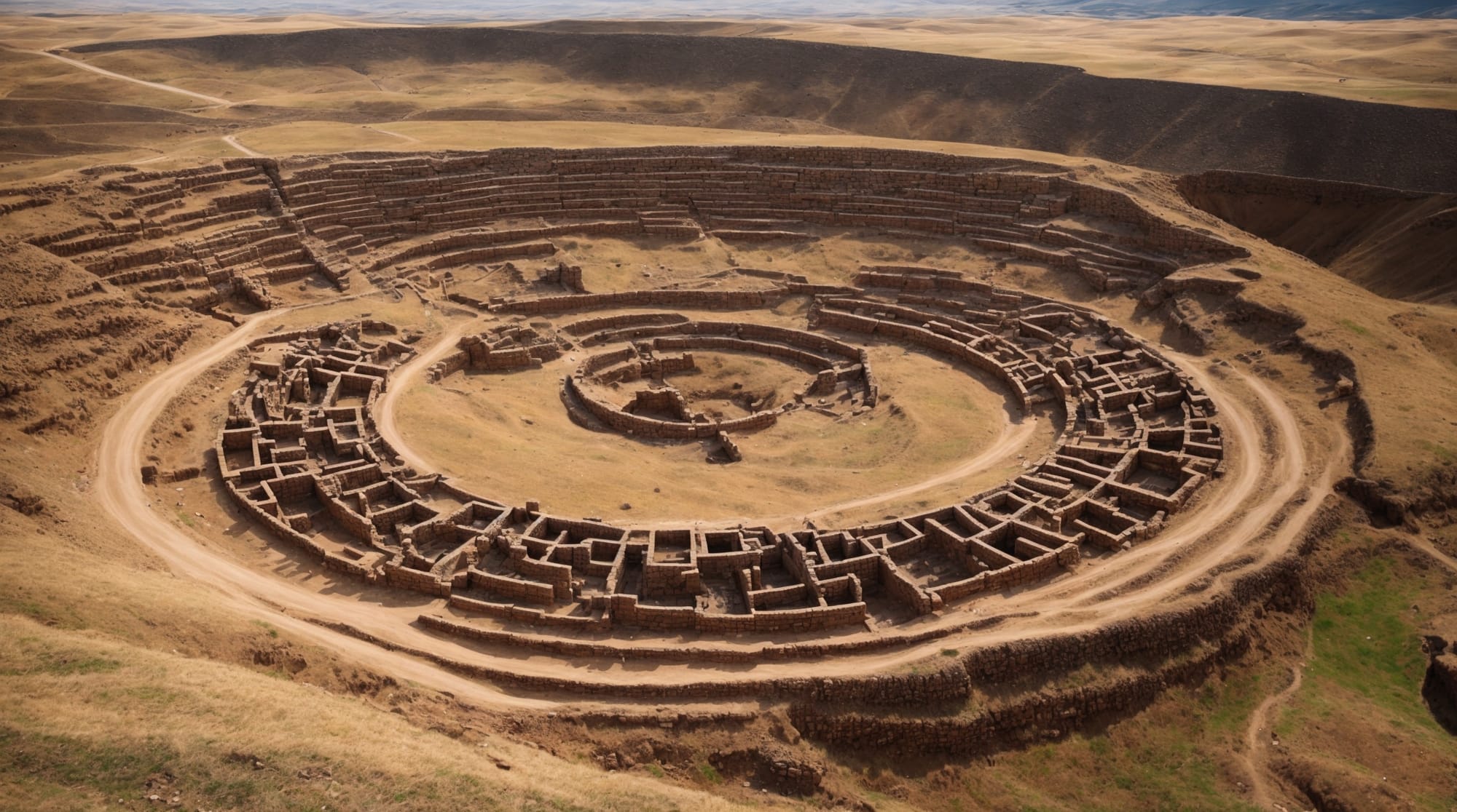 Aerial view of Göbeklitepe showing circular arrangements of the T-shaped pillars