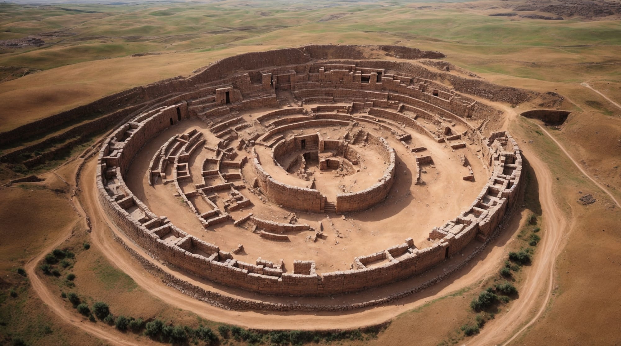 Göbeklitepe aerial view Aerial view of Göbeklitepe showing circular structures and carved pillars