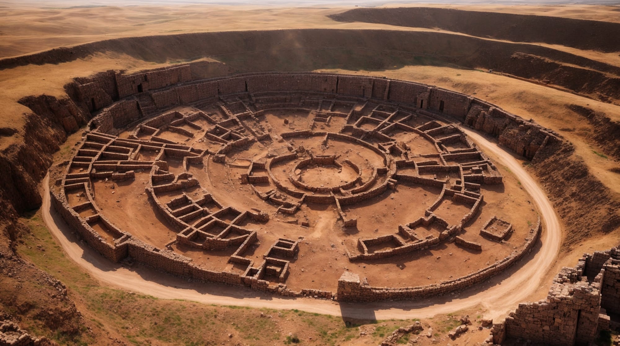 Göbeklitepe aerial view Aerial view of Göbeklitepe showing circular arrangements of megalithic structures