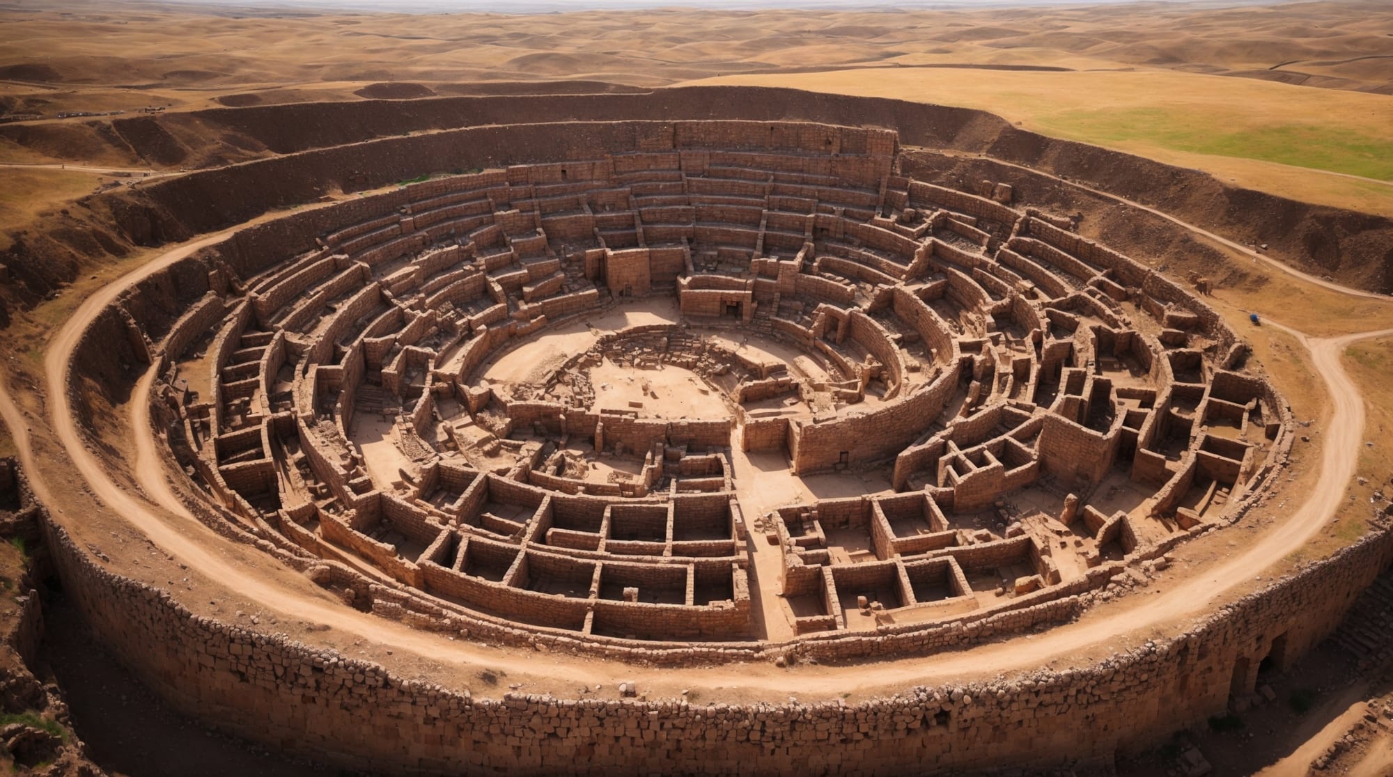 Göbeklitepe aerial view A panoramic aerial view showing the massive, organized structure of Göbeklitepe