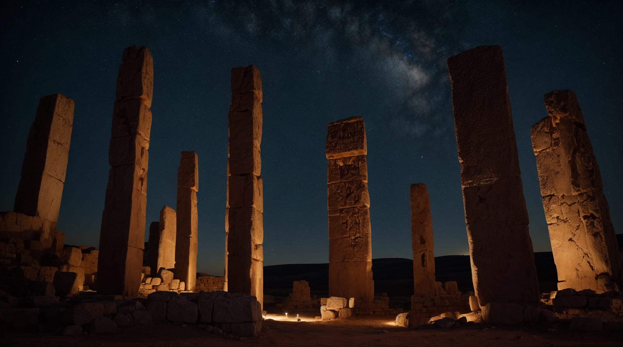 Göbeklitepe alignments Göbeklitepe pillars carved with animal figures under a starry sky