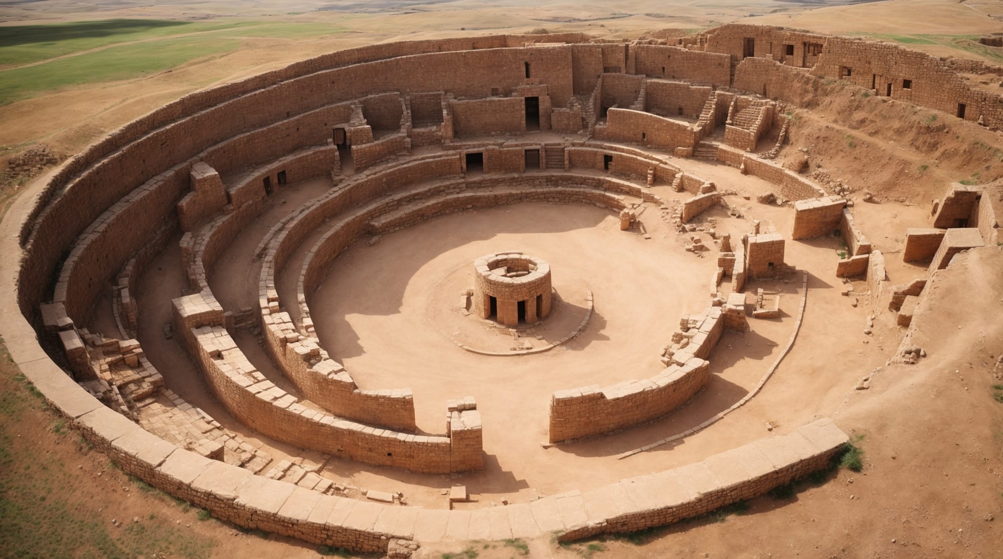 Göbeklitepe archaeological site Aerial view of Göbeklitepe showing the arrangement of the pillars and carvings