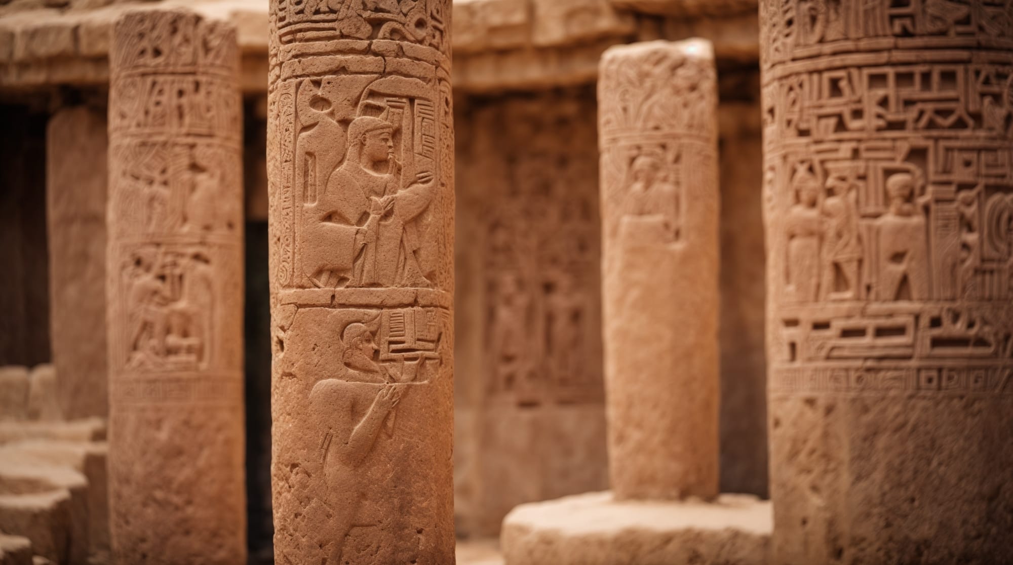 Göbeklitepe carvings Close-up of the intricate carvings on the T-shaped pillars at Göbeklitepe, depicting wild animals and abstract designs.